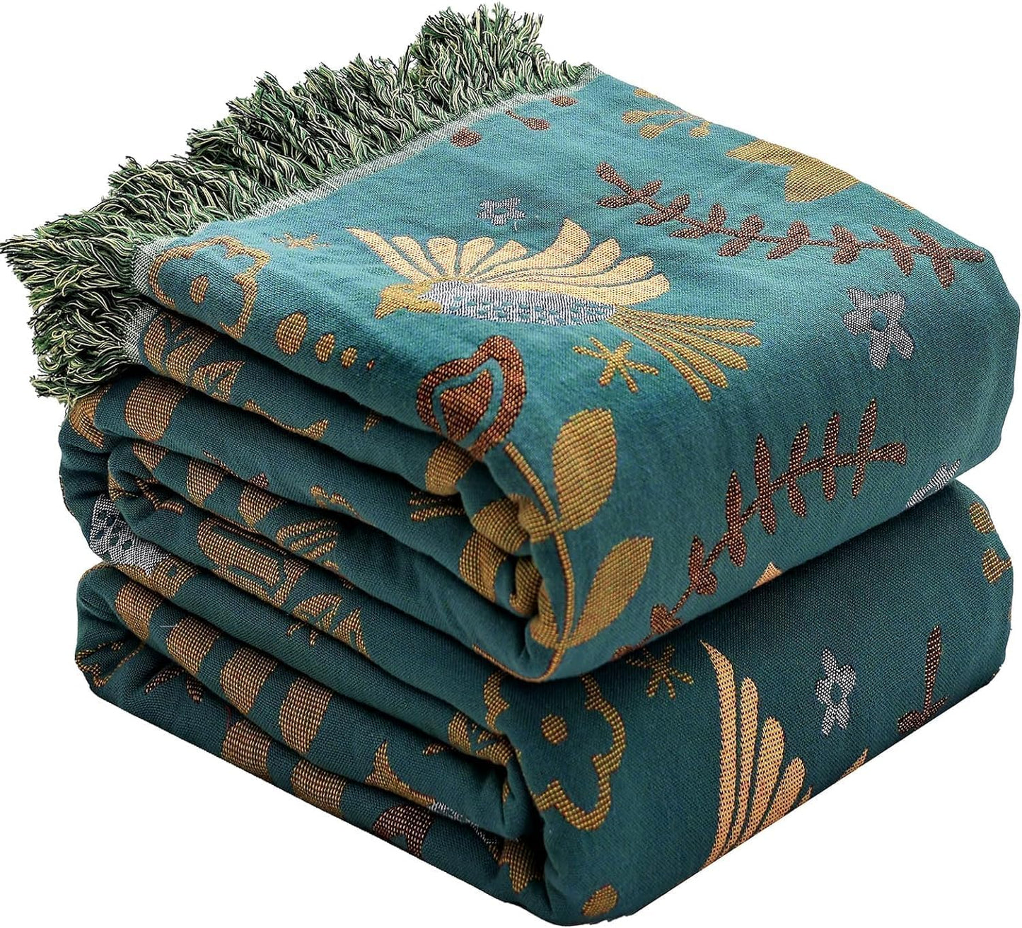 Boho Throw Blanket for Bed Couch 100% Cotton Woven Bed Throws for All Season Lightweight and Soft Cozy Farmhouse Reversible Muslin Decorative Blanket for Travel Picnic, Teal/Cream, 60''x80''