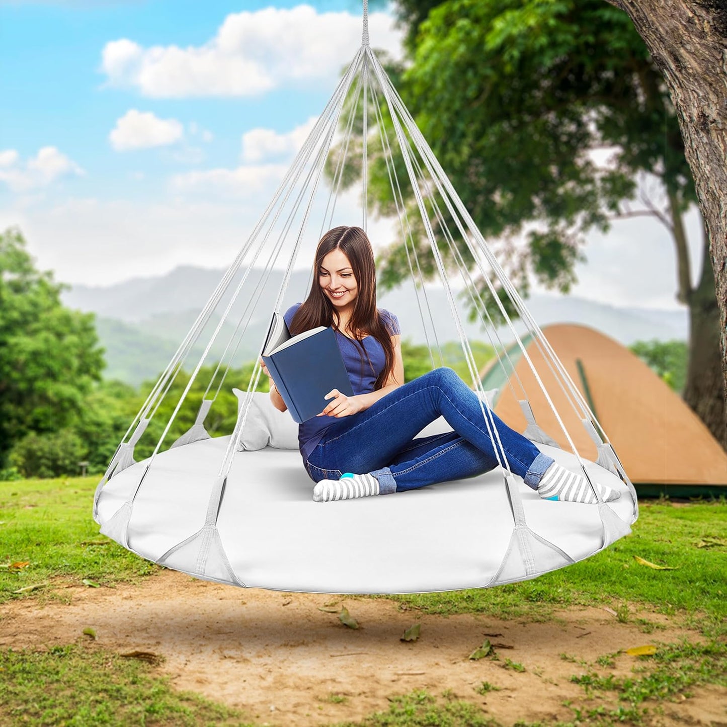 Sorbus 56" Stylish Hanging Swing Nest - Premium Cotton Double Hammock Daybed Saucer Style Lounger Swing Chair- 264lbs Sturdy Spinner Tree w/Pillow - Easy Setup - for Indoor/Outdoor, Travel - White