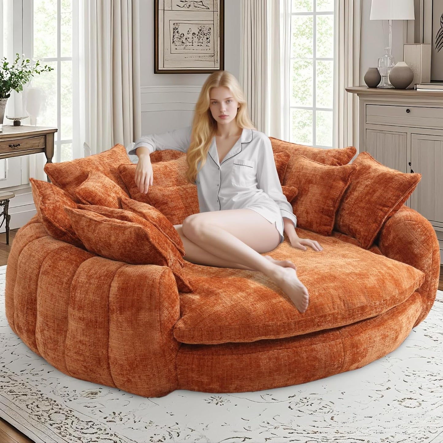 81'' Round Couches for Living Room, Comfy Boneless Couch, Circle Round Couch Bed with 14 Pillow, Oversized Chaise Lounge Chair Indoor, Floor Sleeper Sofa Bed, Full Memory Foam(Beige)