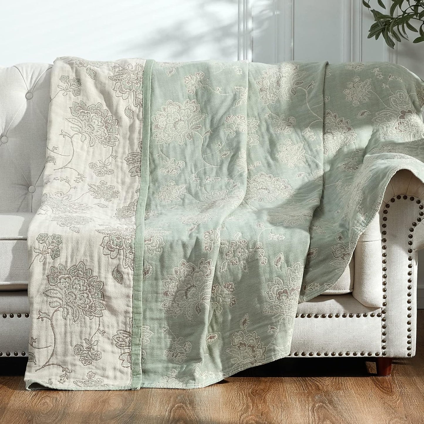 jinchan Boho 100% Cotton Muslin Twin Size 60x80 Inches Blanket Lightweight 4-Layer Quilted Soft Yellow and Blue Floral Throw Blanket Reversible Comfy Flower Breathable All Seasons Couch Bedroom Decor
