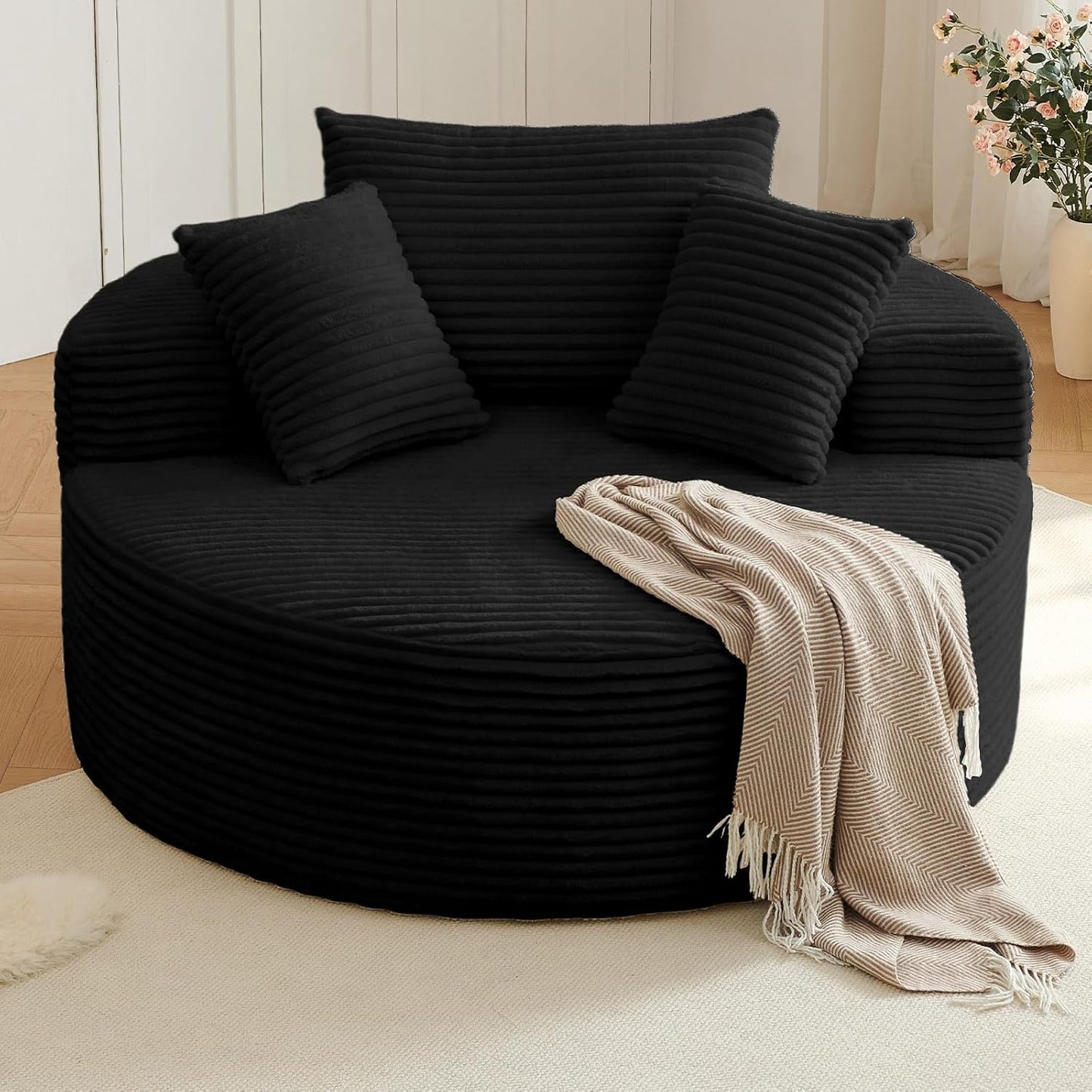 Oversized Round Chair Lounge Chaise Indoor, Upholstered Corduroy Deep Seat Cloud Large Circle Sofa Chair, No Assembly Required, Fluffy Modern Sleeper Sofa Bed for Reading, Living Room, Bedroom, White