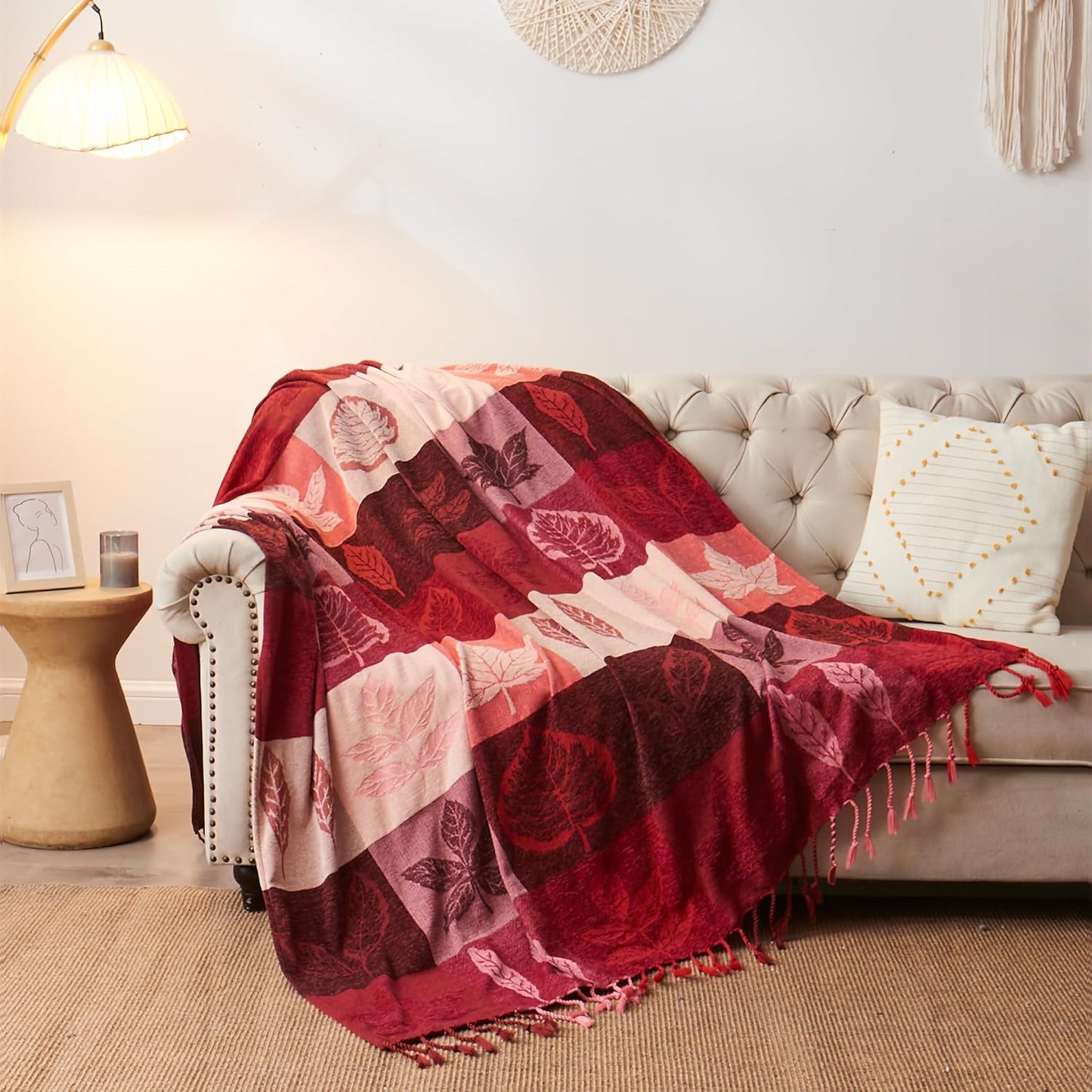 Boho Throw Blanket, Chenille Jacquard Tassels Throw Blankets for Bed Couch Soft Chair, Bohemian Fringe Tassels (Red, S:60x75
