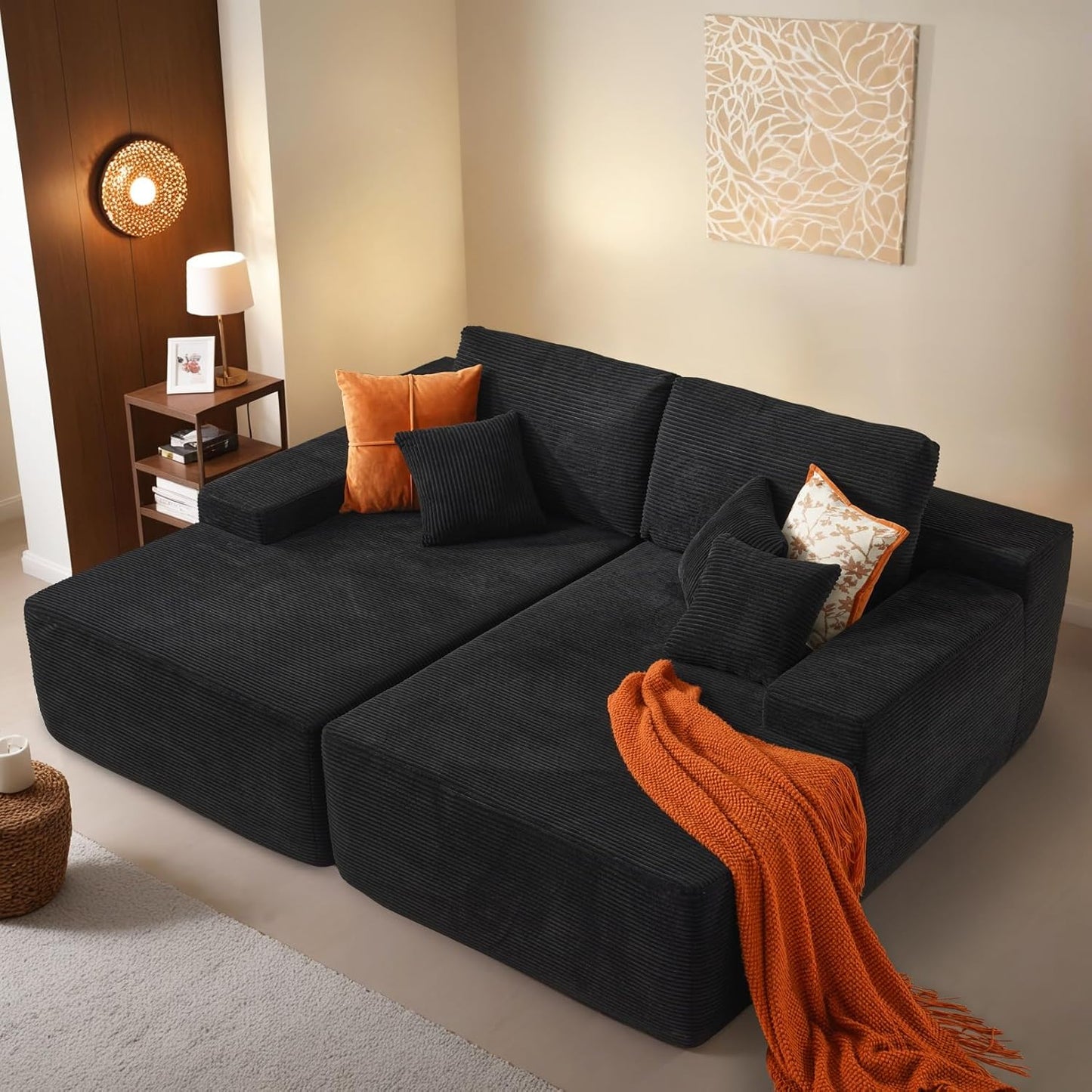 ovios 58" Oversized Round Chair Lounge Chaise Indoor, No Assembly Required, Cloud Large Circle Chair with Plush Fuax Fur, Fluffy Modern Sleeper Sofa Bed for Reading Yoga, Black (Plush Corduroy Fabric)