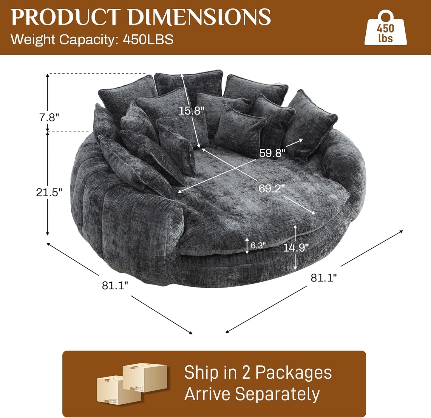 81” Oversized Upholstered Sofa Bed, Round Chaise Lounge Chair Indoor, Fluffy Plush Chaise Lounge, Modern Chenille Cloud Couch with Deep Seat, Comfy Bean Bag Chiar for Living Room Apartment, Dark Grey