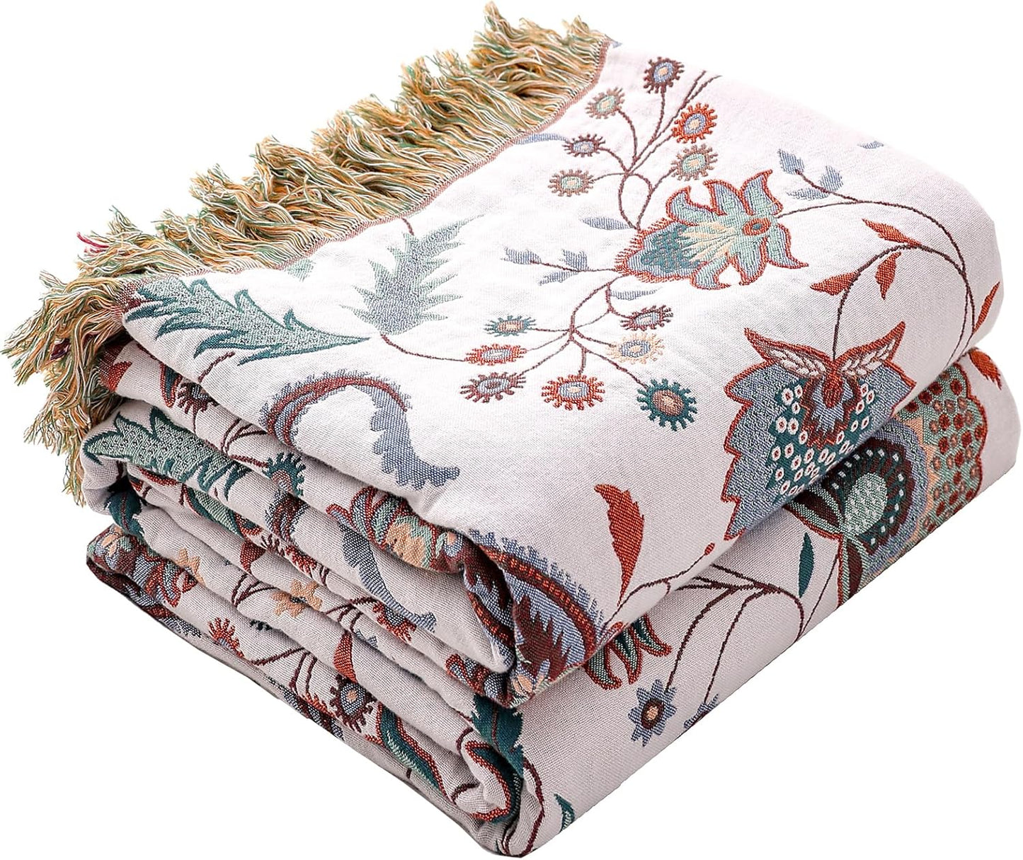 Boho Throw Blanket for Bed Couch 100% Cotton Woven Bed Throws for All Season Lightweight and Soft Cozy Farmhouse Reversible Muslin Decorative Blanket for Travel Picnic, Teal/Cream, 60''x80''