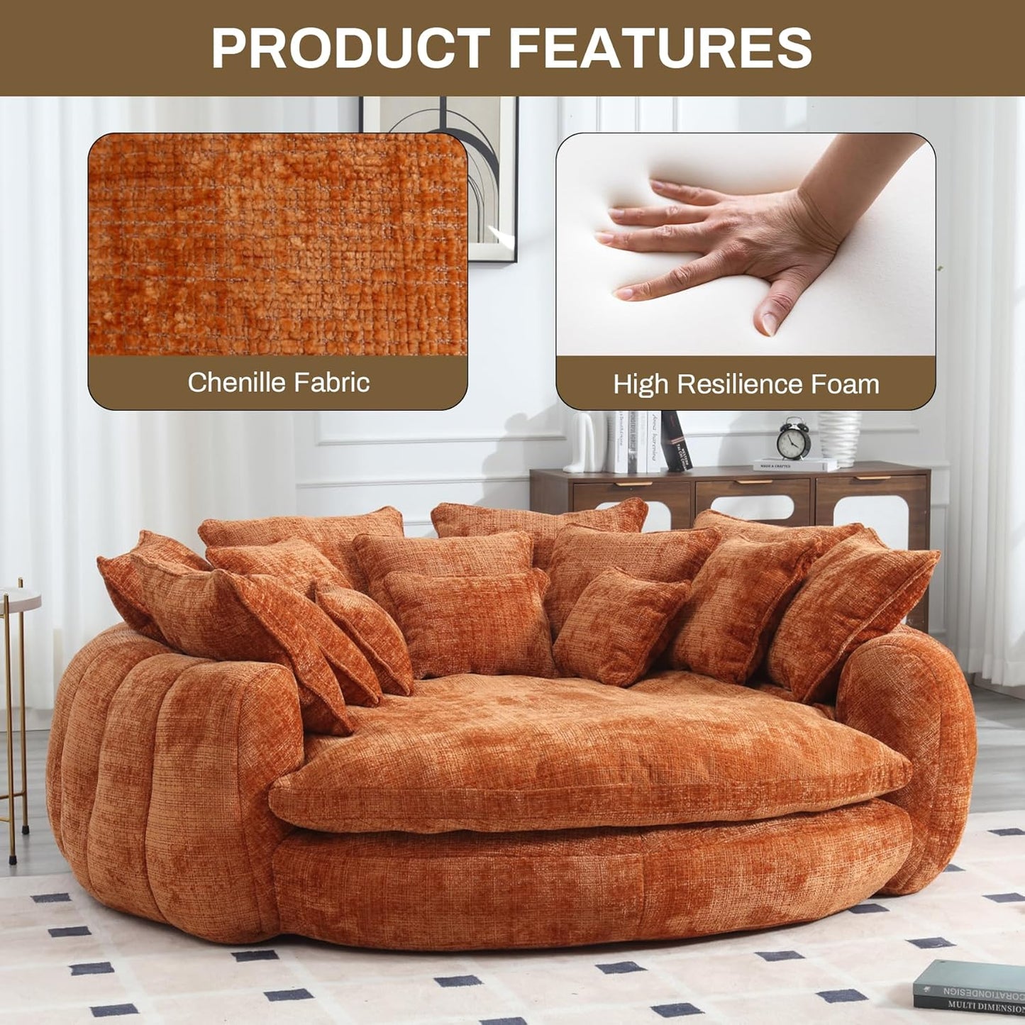 81.1" W Oversized Round Chaise Lounge, Fluffy Lazy Bean Bag Sofa with 14 Pillows, Comfy Chenille Upholstered Barrel Sleeper Bed, Modern Deep Seat Cloud Couch for Living Room, Orange