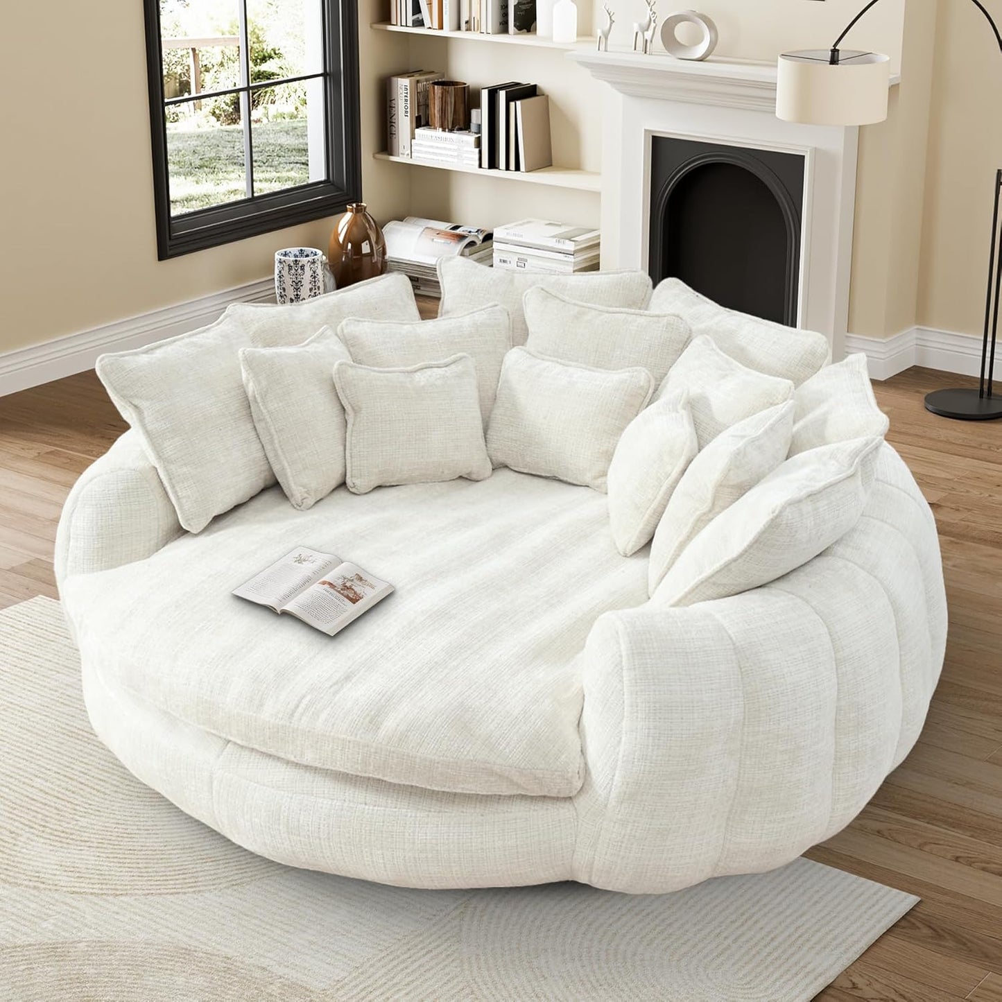 81” Oversized Upholstered Sofa Bed, Round Chaise Lounge Chair Indoor, Fluffy Plush Chaise Lounge, Modern Chenille Cloud Couch with Deep Seat, Comfy Bean Bag Chiar for Living Room Apartment, Dark Grey