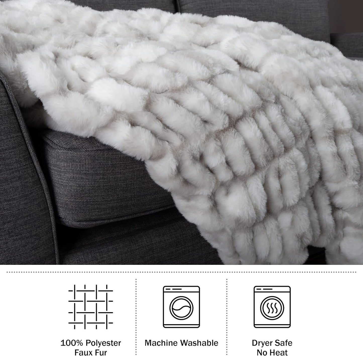 Oversized Ruched Faux Fur Blanket - 60x80-Inch Jacquard Faux Fur Queen-Size Throw for Sofas and Beds - Luxurious Bedding by Lavish Home (Gray)