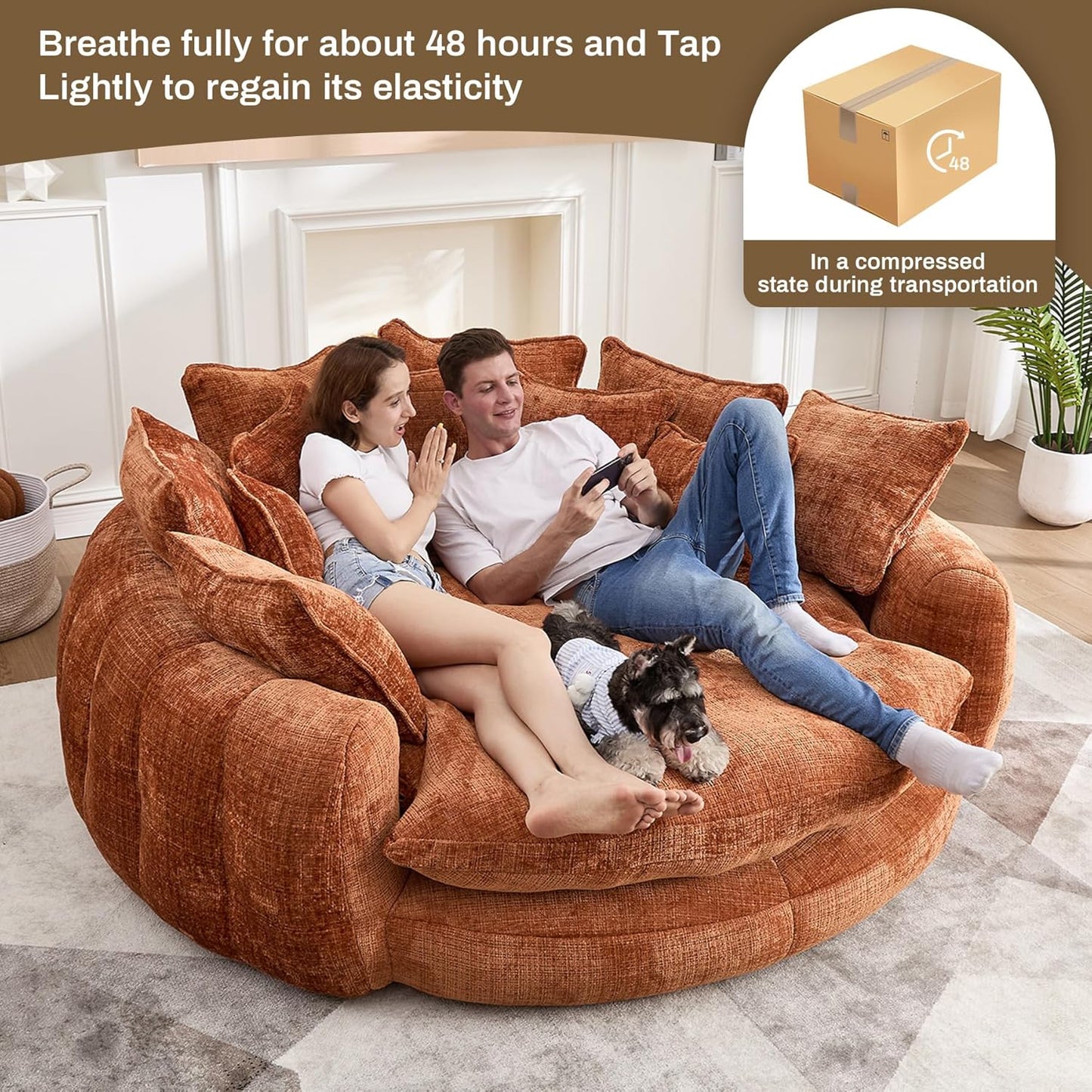 81.1" W Oversized Round Chaise Lounge, Fluffy Lazy Bean Bag Sofa with 14 Pillows, Comfy Chenille Upholstered Barrel Sleeper Bed, Modern Deep Seat Cloud Couch for Living Room, Orange