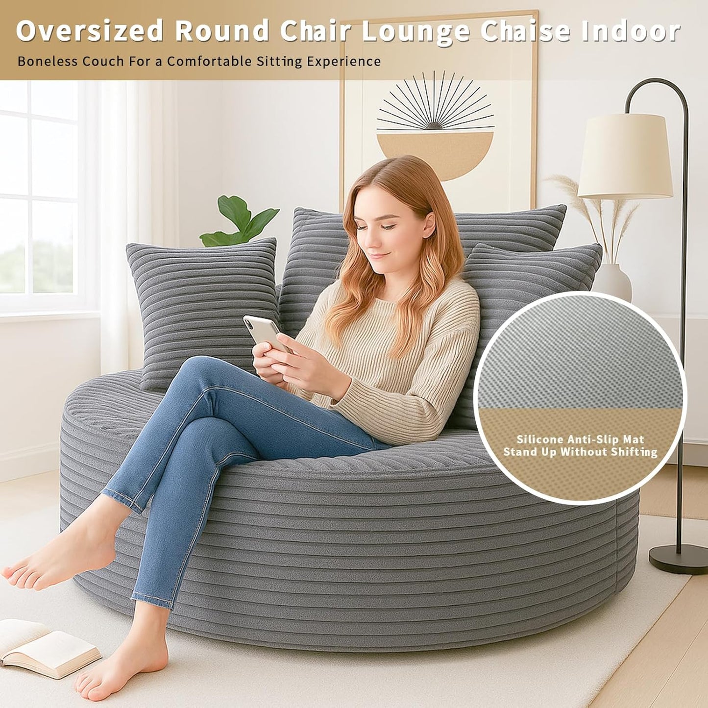 55" Oveiized Round Chair Louge Chaise Indoor,Corduroy Boneles Round Chair Sleeper Sofa Couch Bed,Flufy Modern Sleeper Boneless Couch for Reading,No Asembly Requied(Gray)