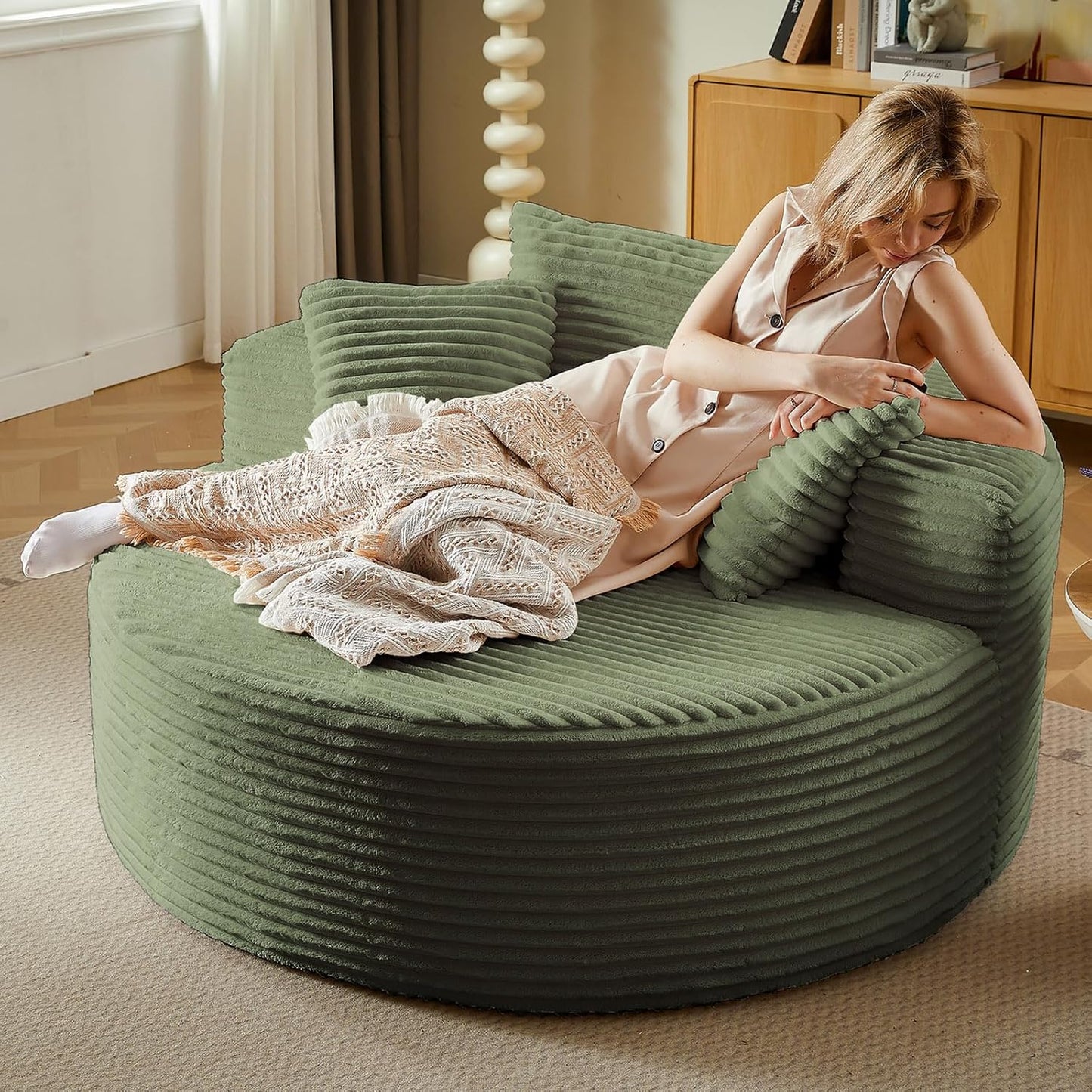 Oversized Round Chair Lounge Chaise Indoor, Upholstered Corduroy Deep Seat Cloud Large Circle Sofa Chair, No Assembly Required, Fluffy Modern Sleeper Sofa Bed for Reading, Living Room, Bedroom, White