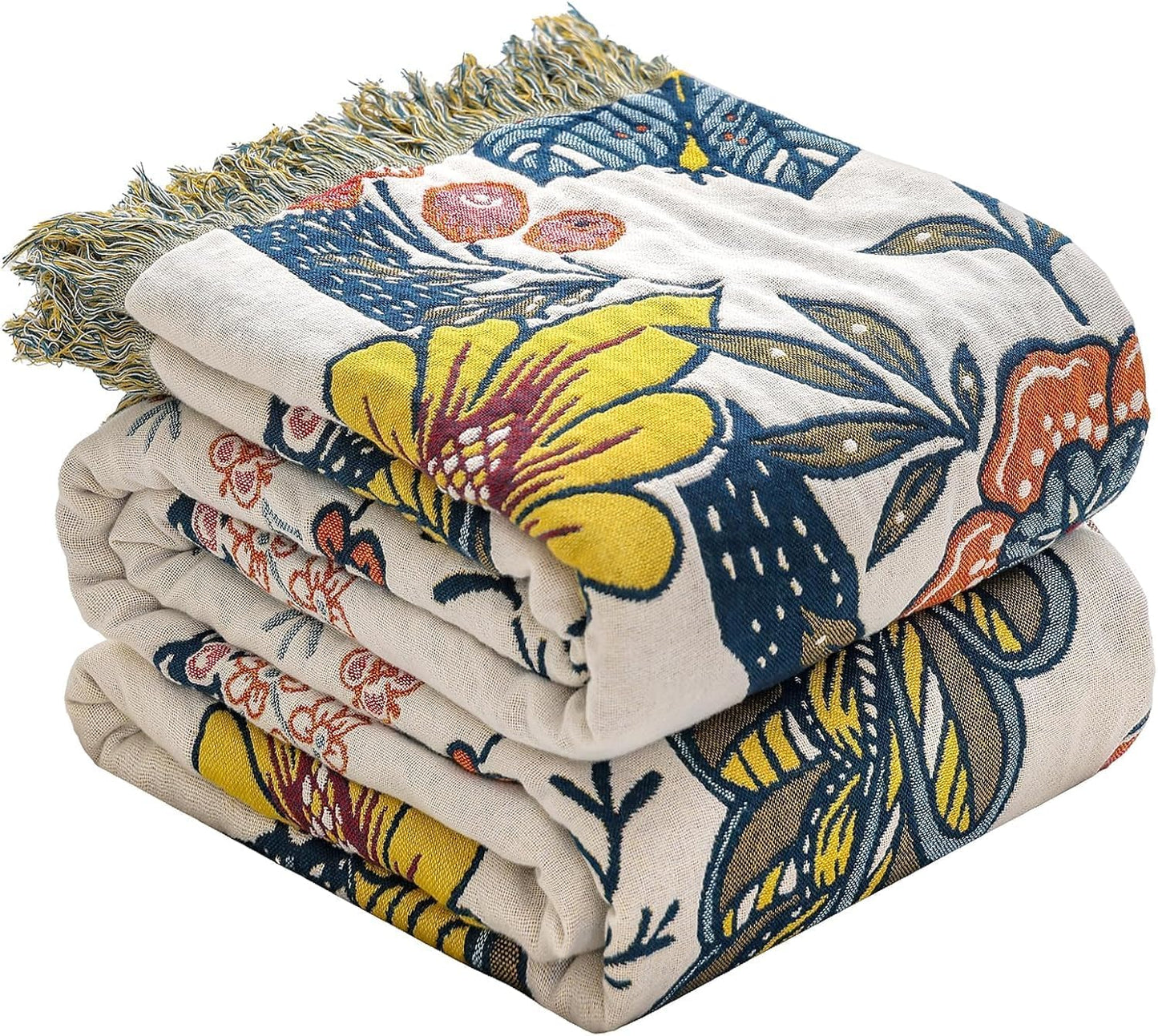 Boho Throw Blanket for Bed Couch 100% Cotton Woven Bed Throws for All Season Lightweight and Soft Cozy Farmhouse Reversible Muslin Decorative Blanket for Travel Picnic, Teal/Cream, 60''x80''