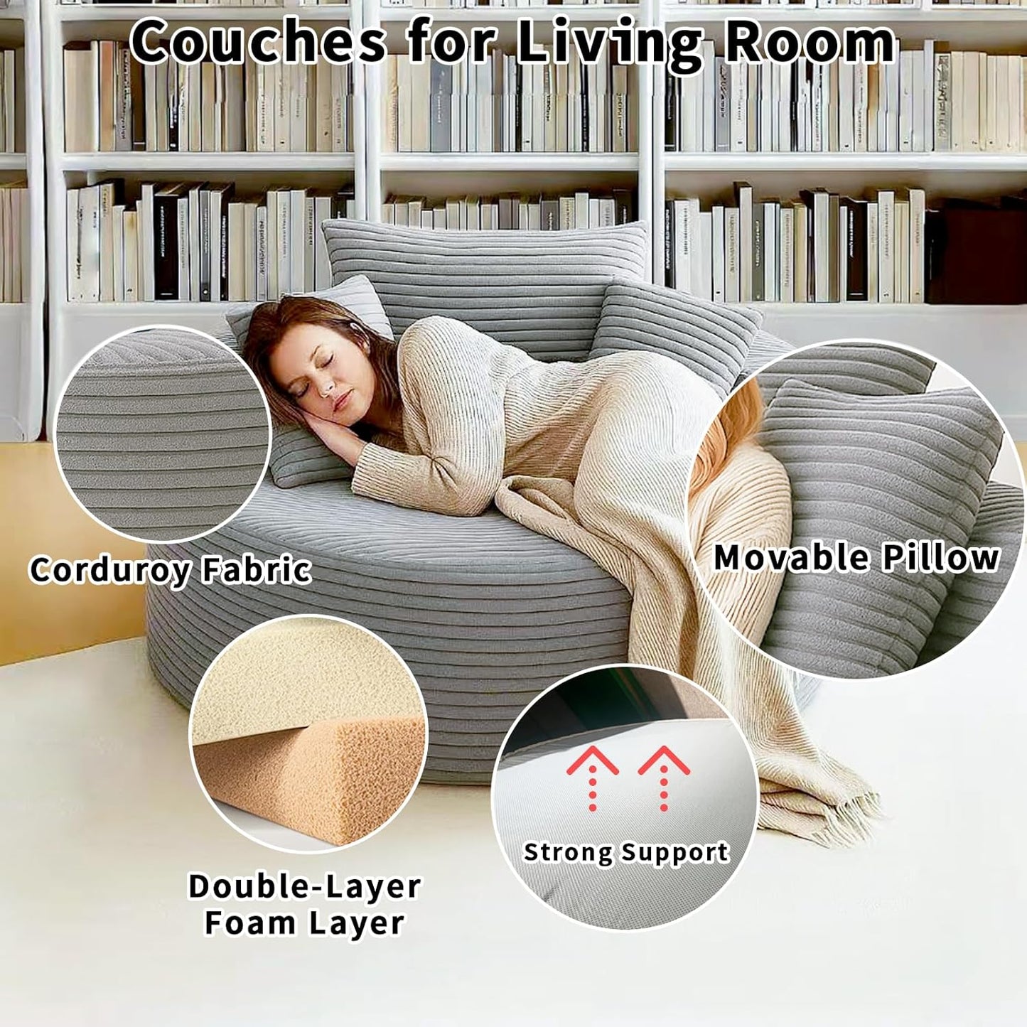 55" Oveiized Round Chair Louge Chaise Indoor,Corduroy Boneles Round Chair Sleeper Sofa Couch Bed,Flufy Modern Sleeper Boneless Couch for Reading,No Asembly Requied(Gray)