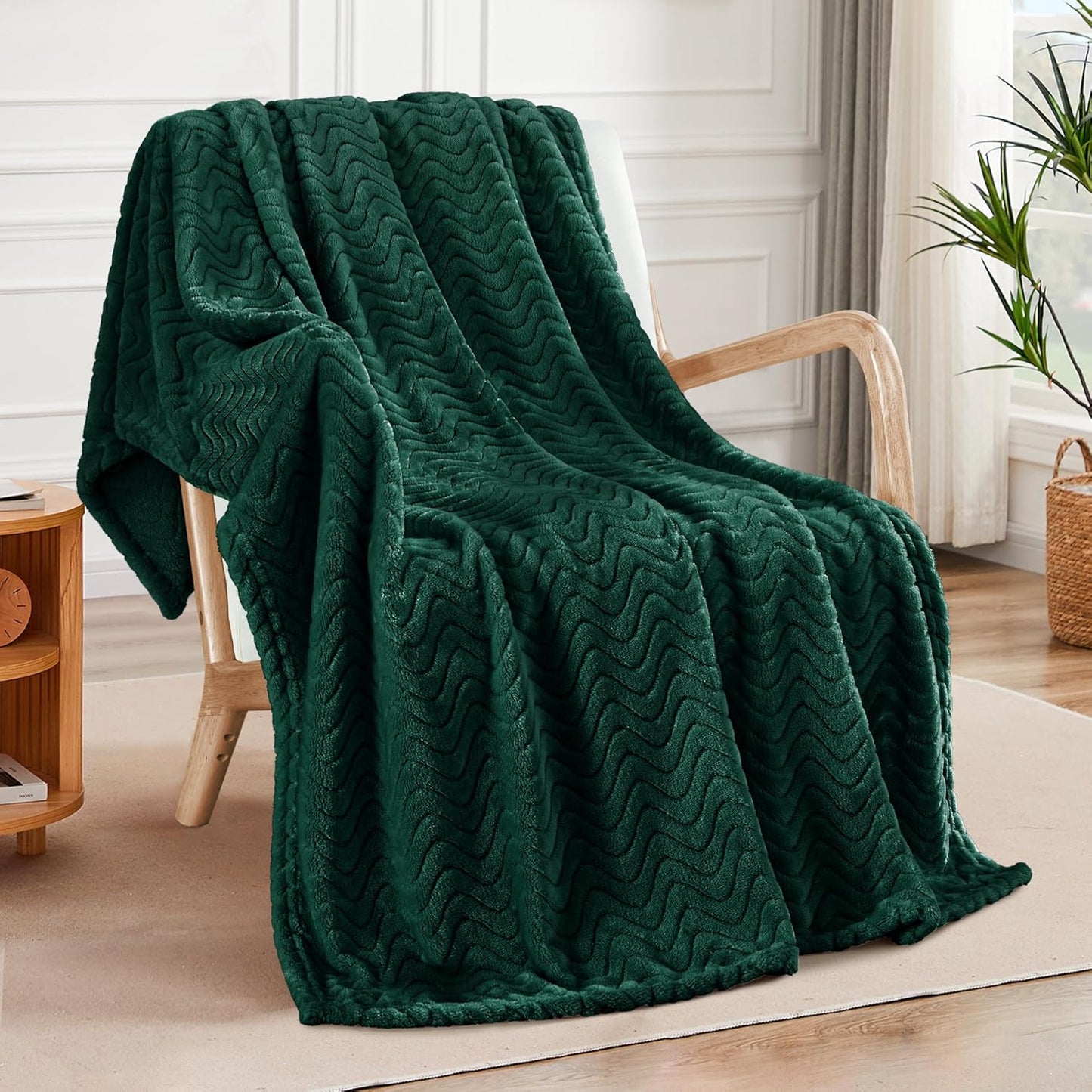 Exclusivo Mezcla Soft Fleece Throw Blanket for Couch, Cozy Lightweight Blankets with Decorative Wave Textured Suitable for All Season Use, Celadon, 50x70 Inches
