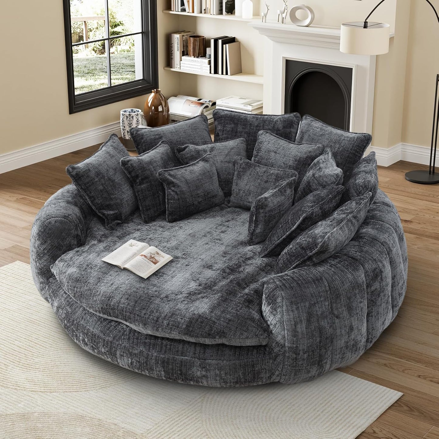 81” Oversized Upholstered Sofa Bed, Round Chaise Lounge Chair Indoor, Fluffy Plush Chaise Lounge, Modern Chenille Cloud Couch with Deep Seat, Comfy Bean Bag Chiar for Living Room Apartment, Dark Grey