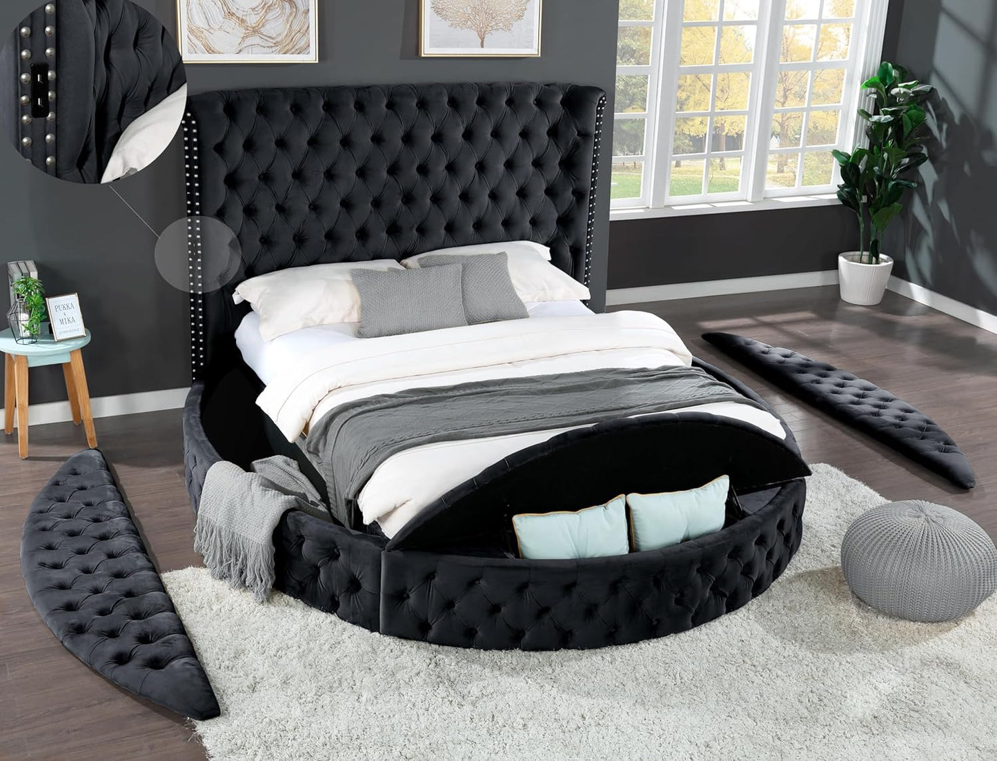 Luxury Round Bed Frame Queen - Velvet Circle Bed with Deep Button Tufting and Footboard Storage Modern Velvet Upholstered Beds with Wingback Headboard Include US- B Chargers and Speakers (Cream)