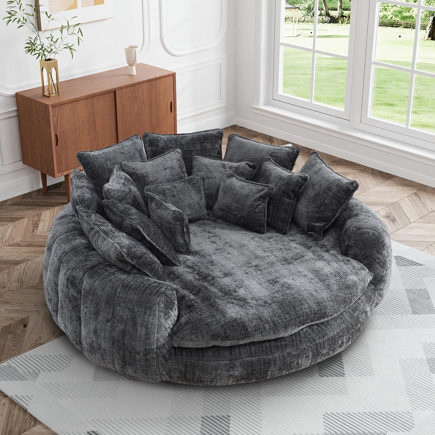 81.1" W Oversized Round Chaise Lounge, Fluffy Lazy Bean Bag Sofa with 14 Pillows, Comfy Chenille Upholstered Barrel Sleeper Bed, Modern Deep Seat Cloud Couch for Living Room, Orange
