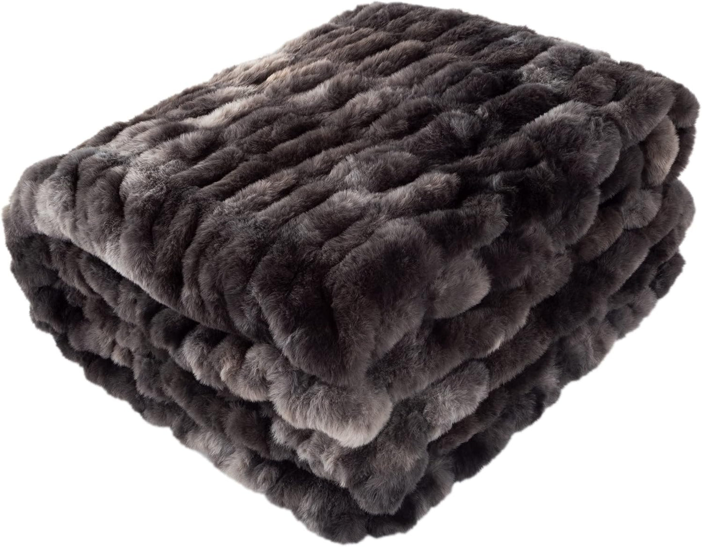 Oversized Ruched Faux Fur Blanket - 60x80-Inch Jacquard Faux Fur Queen-Size Throw for Sofas and Beds - Luxurious Bedding by Lavish Home (Gray)
