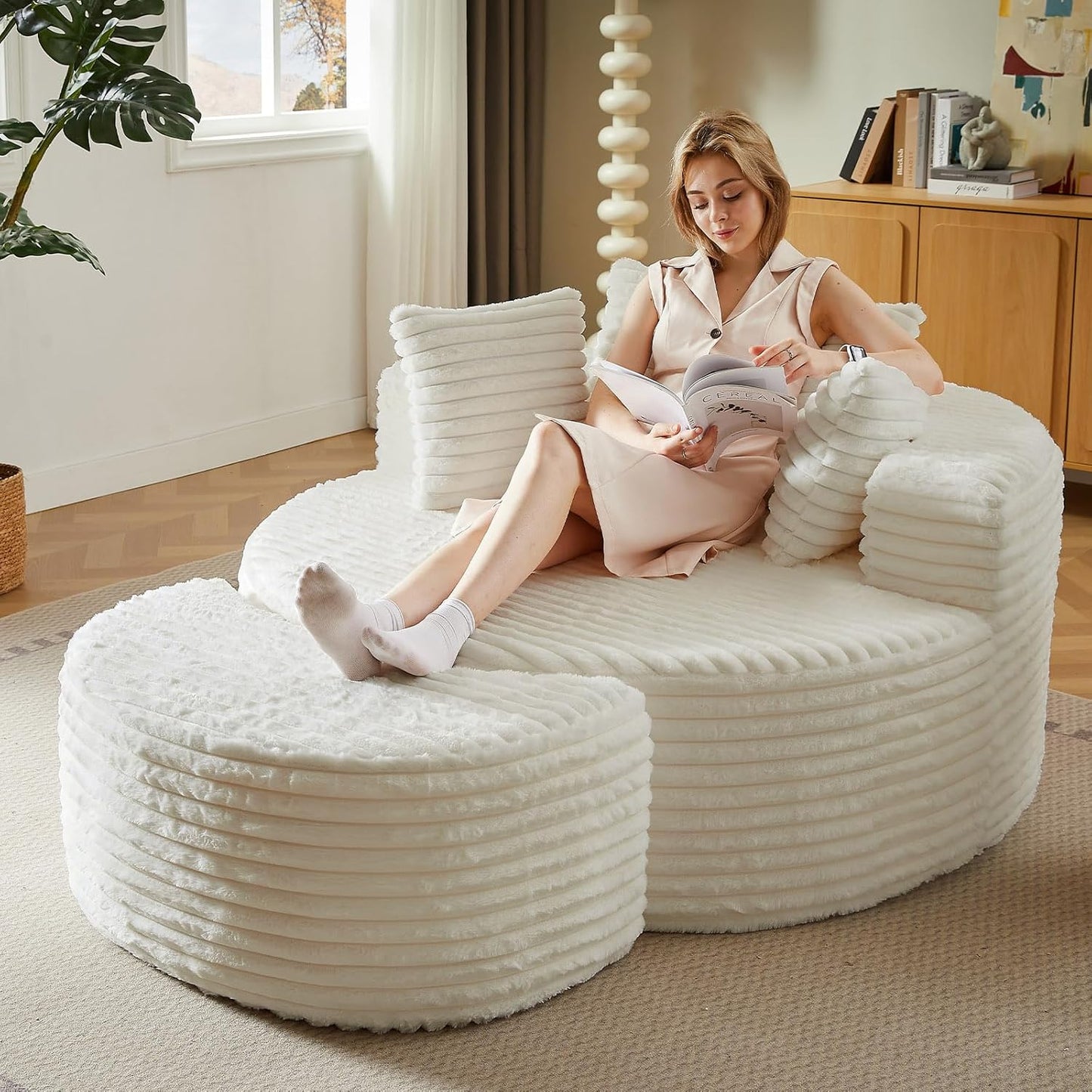 Oversized Round Chair Lounge Chaise Indoor, Upholstered Corduroy Deep Seat Cloud Large Circle Sofa Chair, No Assembly Required, Fluffy Modern Sleeper Sofa Bed for Reading, Living Room, Bedroom, White