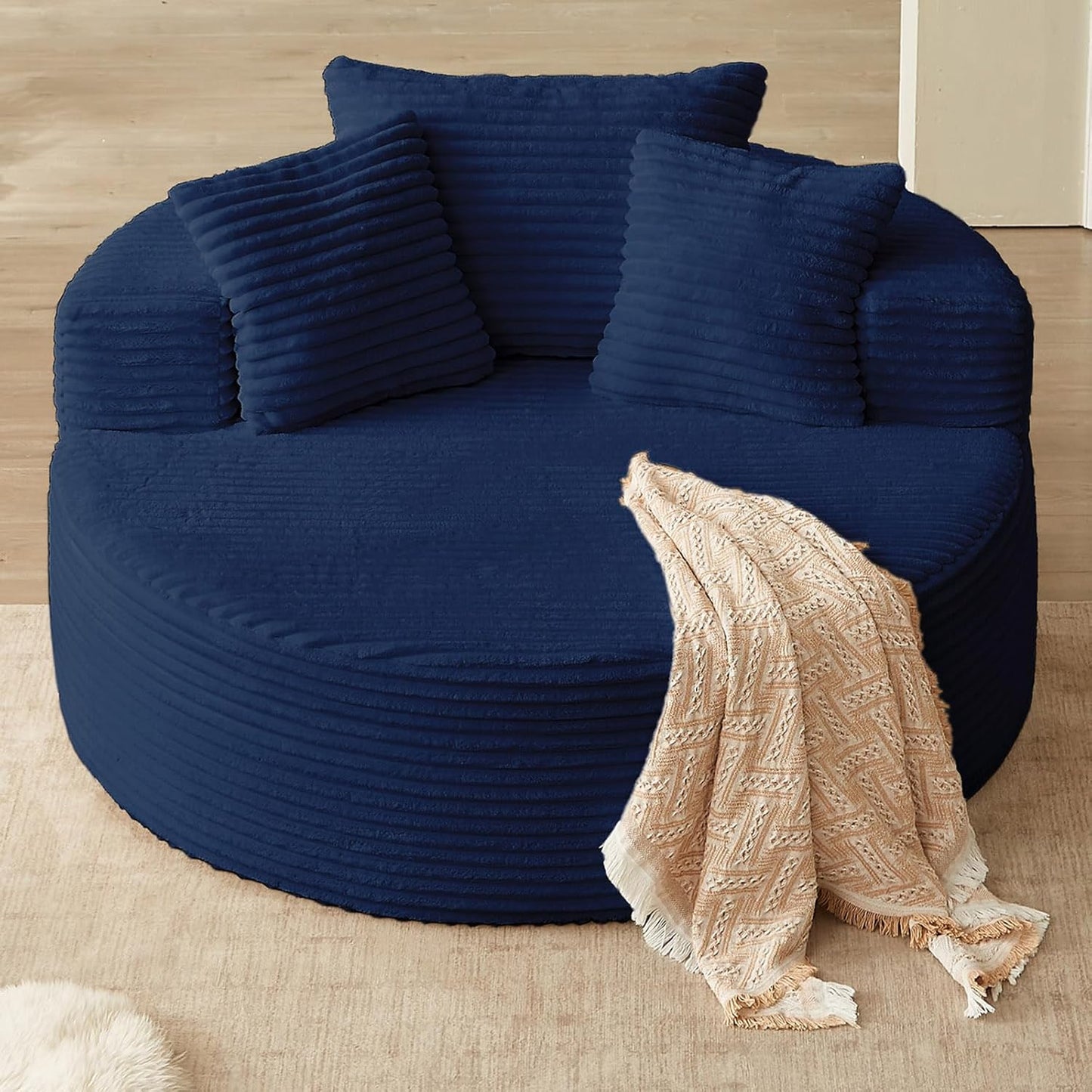 Oversized Round Chair Lounge Chaise Indoor, Upholstered Corduroy Deep Seat Cloud Large Circle Sofa Chair, No Assembly Required, Fluffy Modern Sleeper Sofa Bed for Reading, Living Room, Bedroom, White