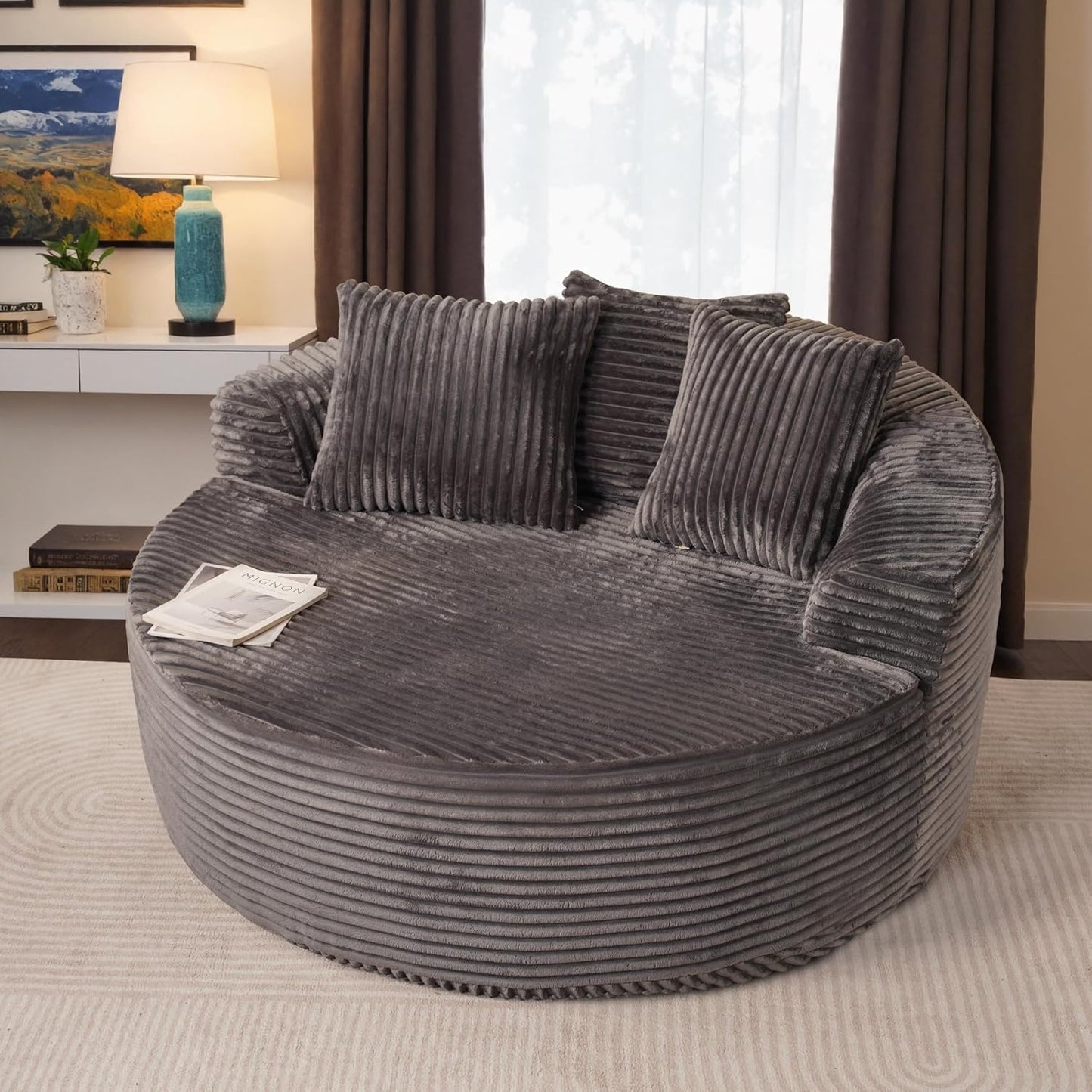 ovios 58" Oversized Round Chair Lounge Chaise Indoor, No Assembly Required, Cloud Large Circle Chair with Plush Fuax Fur, Fluffy Modern Sleeper Sofa Bed for Reading Yoga, Black (Plush Corduroy Fabric)