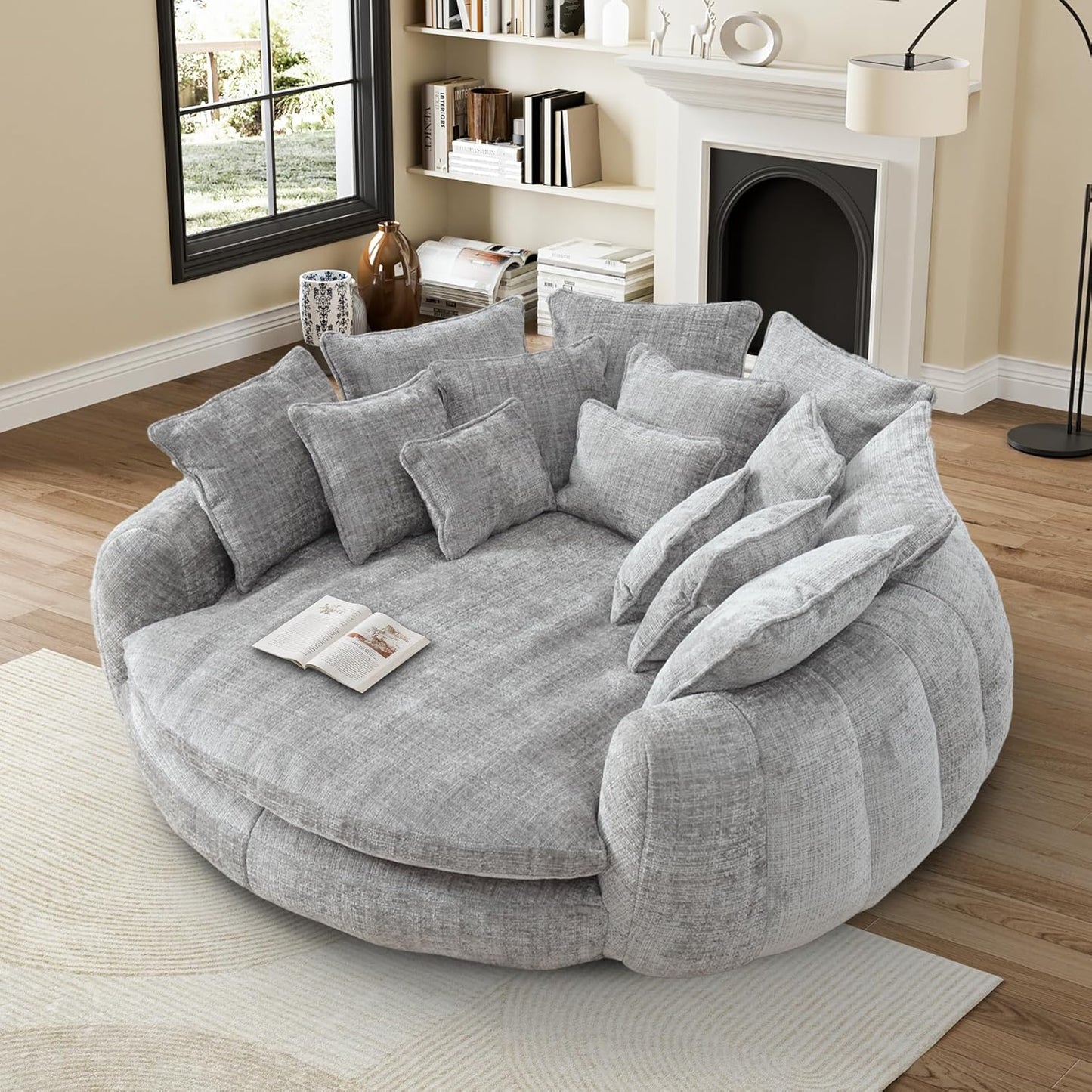 81” Oversized Upholstered Sofa Bed, Round Chaise Lounge Chair Indoor, Fluffy Plush Chaise Lounge, Modern Chenille Cloud Couch with Deep Seat, Comfy Bean Bag Chiar for Living Room Apartment, Dark Grey