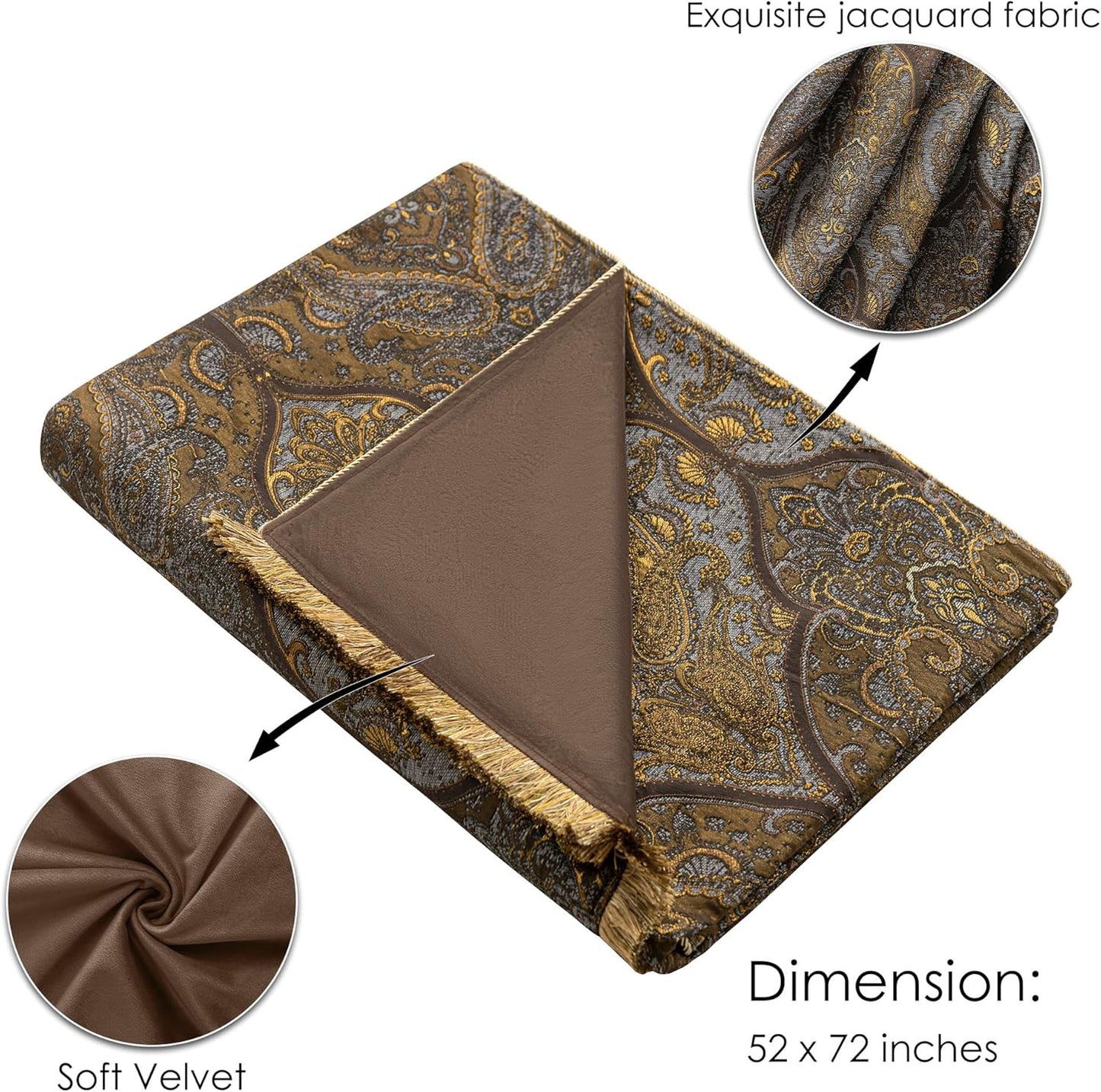 Loom and Mill Vintage Jacquard Throw Blankets for Bed, Classic Antique Damask Throws with Fringes Trim, Soft Lightweight Velvet Lined Throw Blanket for Sofa Couch Chair All Season(Bronze Gold,52”x72”)