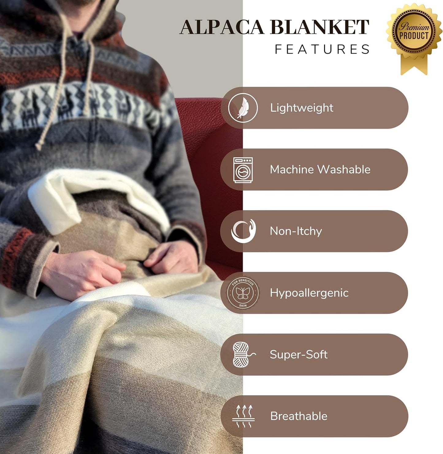 LATITUDE ZERO, Alpaca Wool Throw Blanket | Warm, Ultra-Soft, Breathable, Non-Itchy Blanket-Throw | Hypoallergenic and Beautiful Fabric (Brick Red)