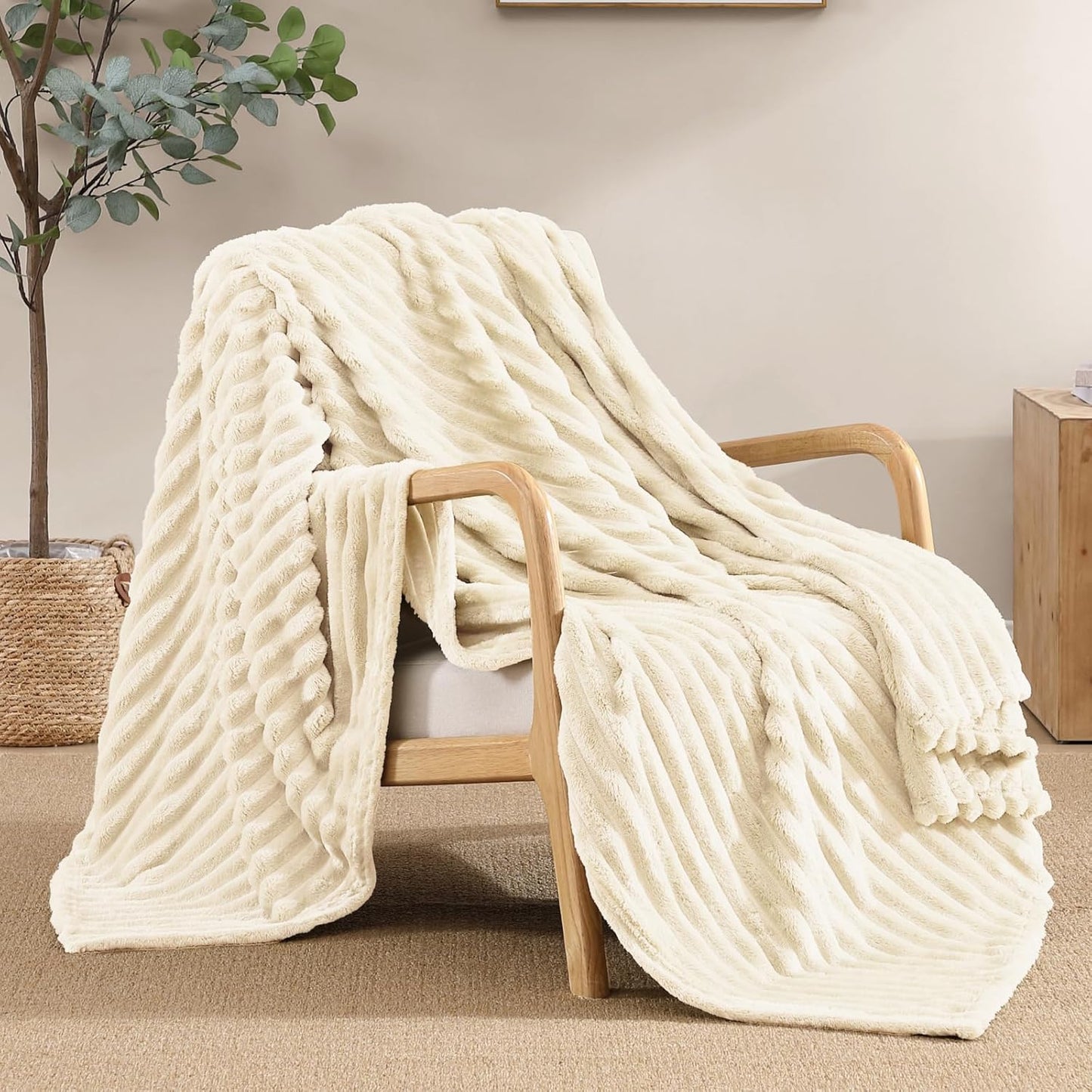 Geniospin Throw Blanket for Couch, Bed, Sofa – 280GSM Super Soft Lightweight Blanket with Stripe, 3D Ribbed Jacquard Blanket, Plush Fuzzy Cozy Throws, Warm and Breathable (Sage Green, 50x60 inches)