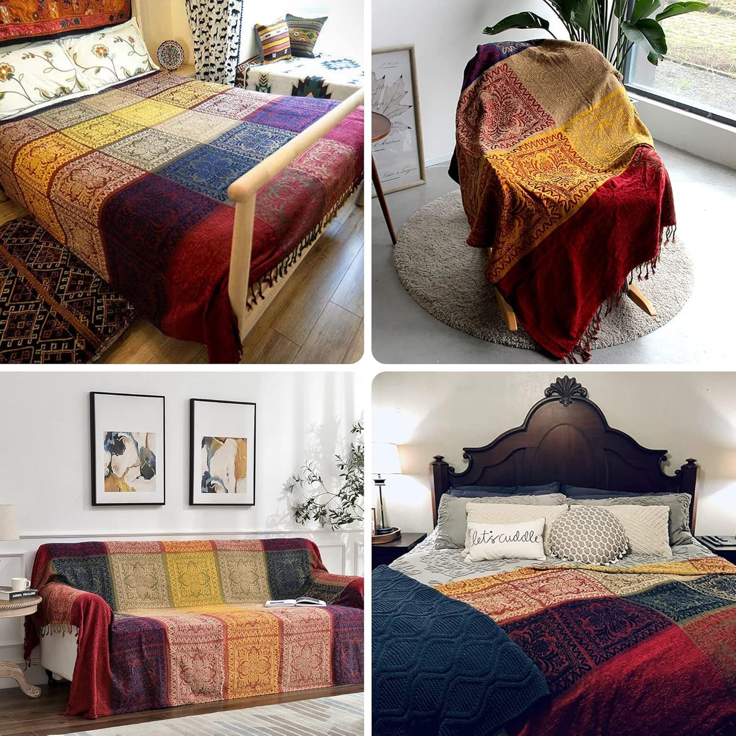 Boho Throw Blanket, Chenille Jacquard Tassels Throw Blankets for Bed Couch Soft Chair, Bohemian Fringe Tassels (Red, S:60x75
