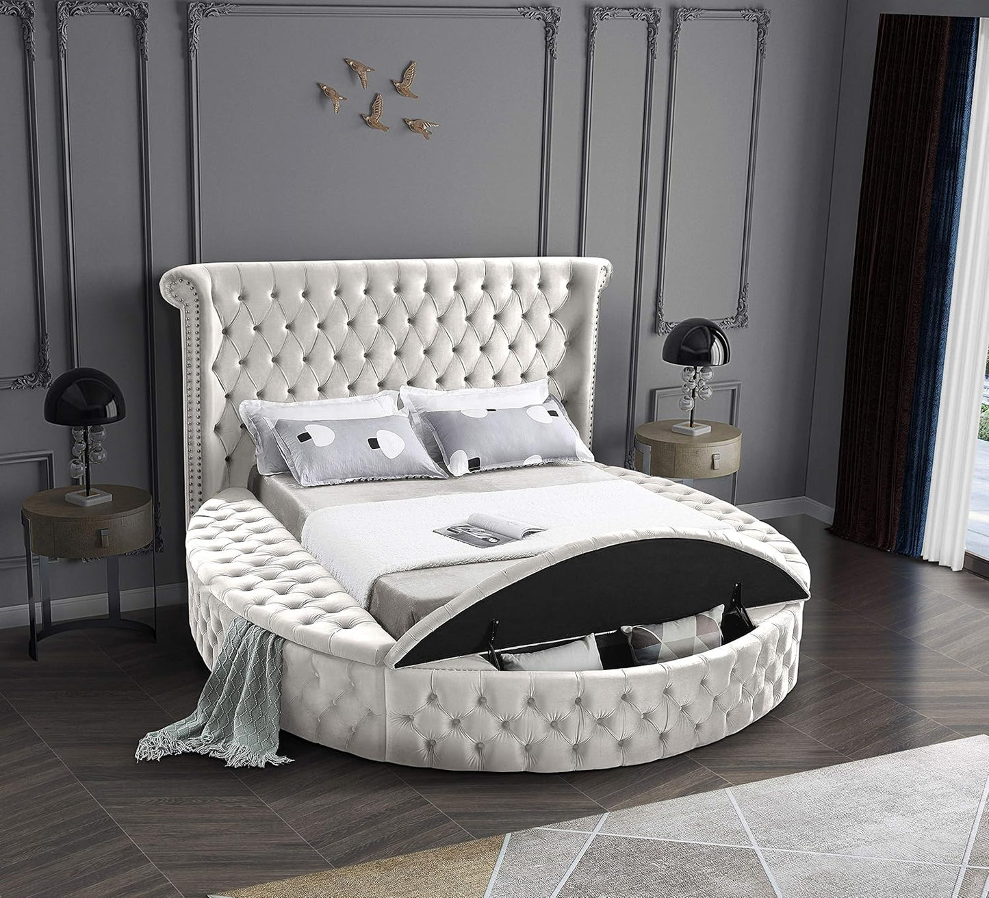 Meridian Furniture Luxus Collection Modern | Contemporary Round Shaped Velvet Upholstered Bed with Deep Button Tufting and Footboard Storage, King, Cream
