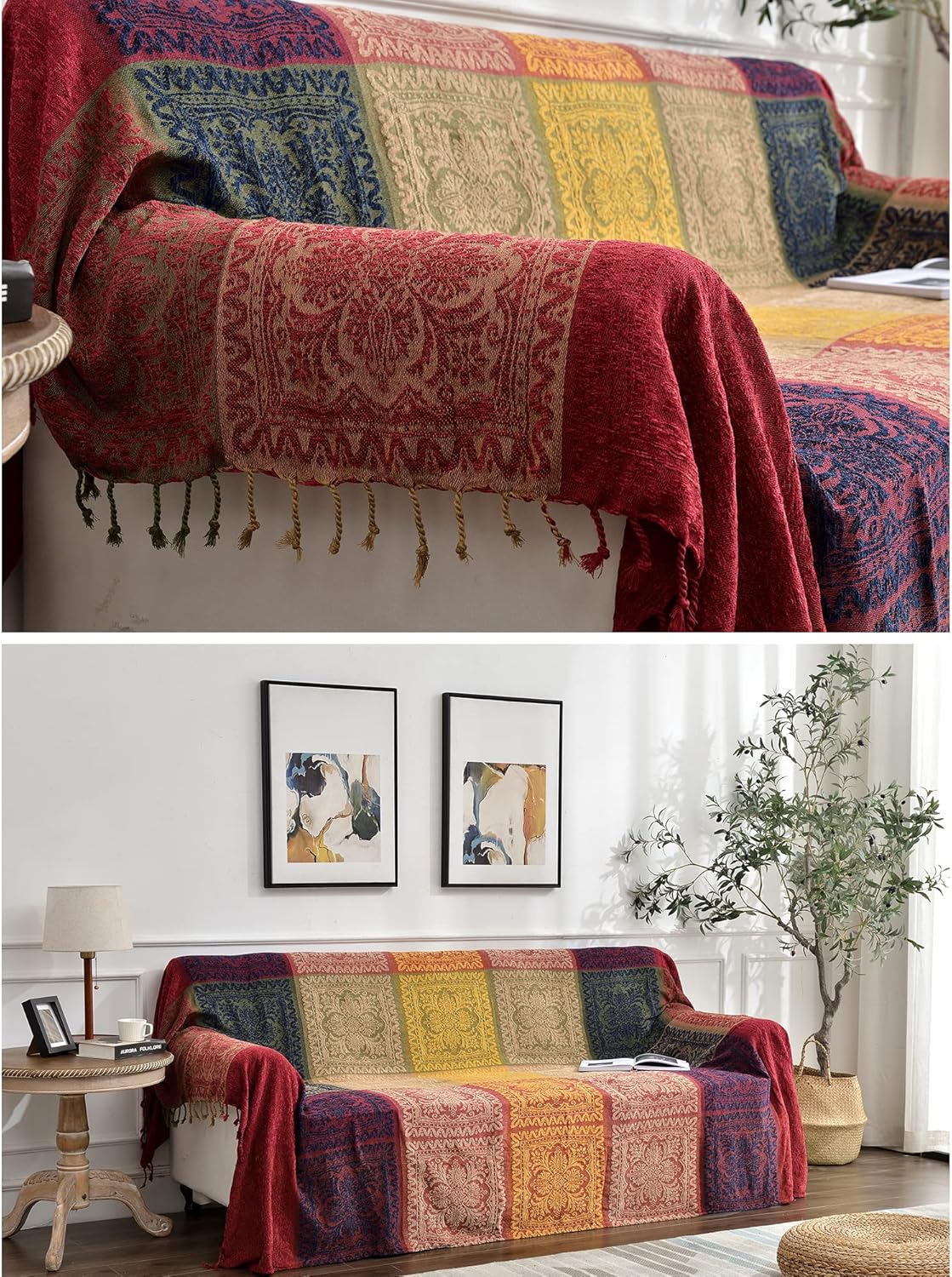 Boho Throw Blanket, Chenille Jacquard Tassels Throw Blankets for Bed Couch Soft Chair, Bohemian Fringe Tassels (Red, S:60x75