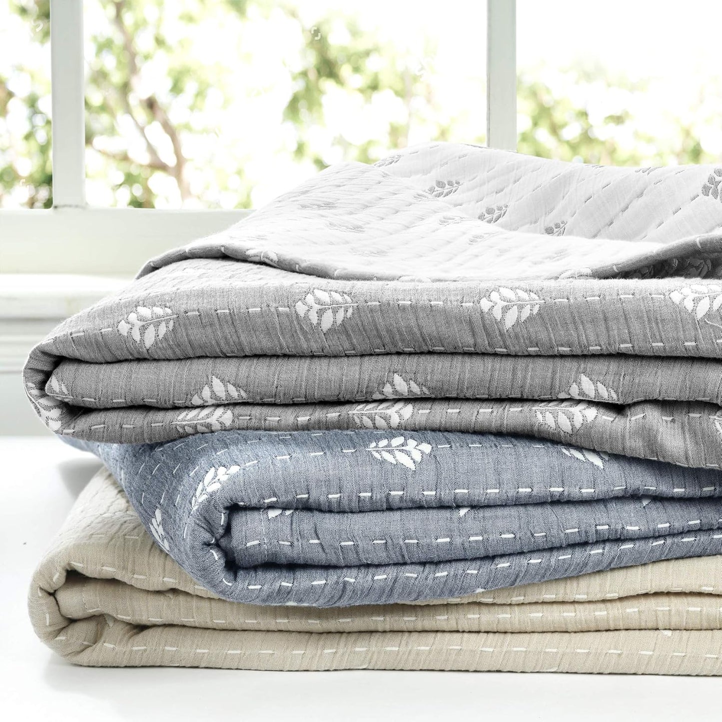 Lush Decor, Neutral Hygge Kantha Pick Stitch Yarn Dyed Cotton Jacquard Throw Blanket 60" x 50"
