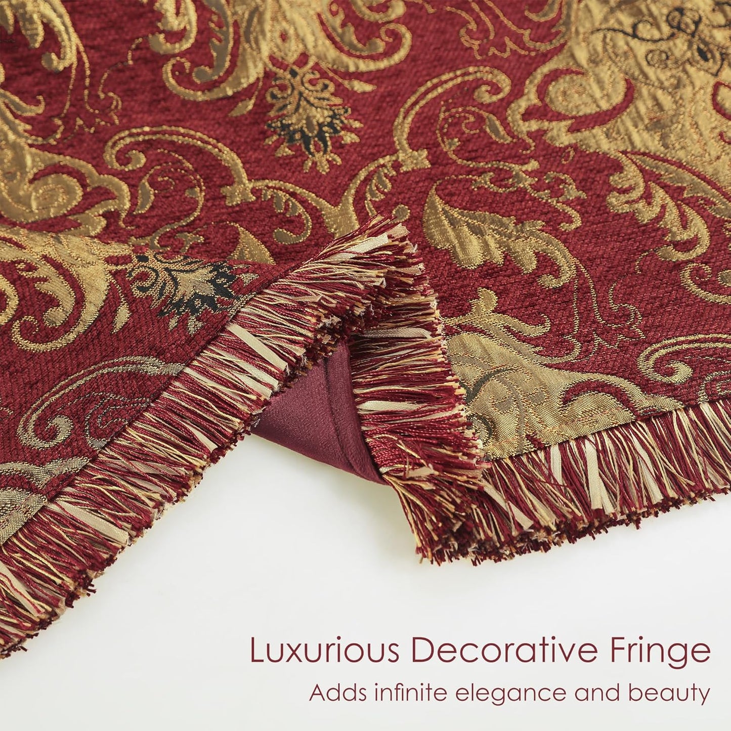 Loom and Mill Luxury Throw Blankets for Bed, Classic Damask Jacquard Bed Throws with Fringes Trim, Soft Lightweight Velvet Lined Fall Throw Blanket for Couch Sofa Chair (Red, 52”x72”)