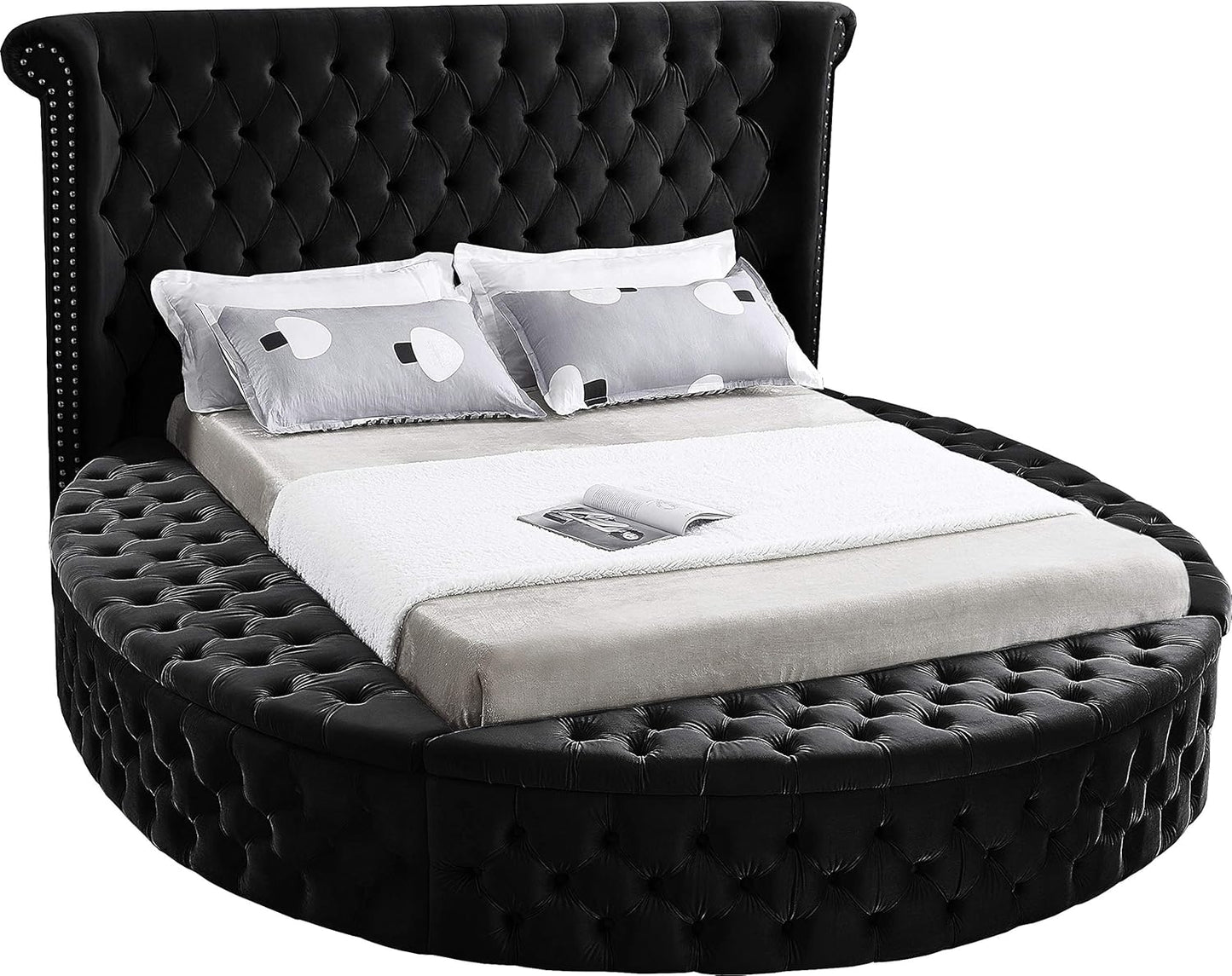Meridian Furniture Luxus Collection Modern | Contemporary Round Shaped Velvet Upholstered Bed with Deep Button Tufting and Footboard Storage, King, Cream