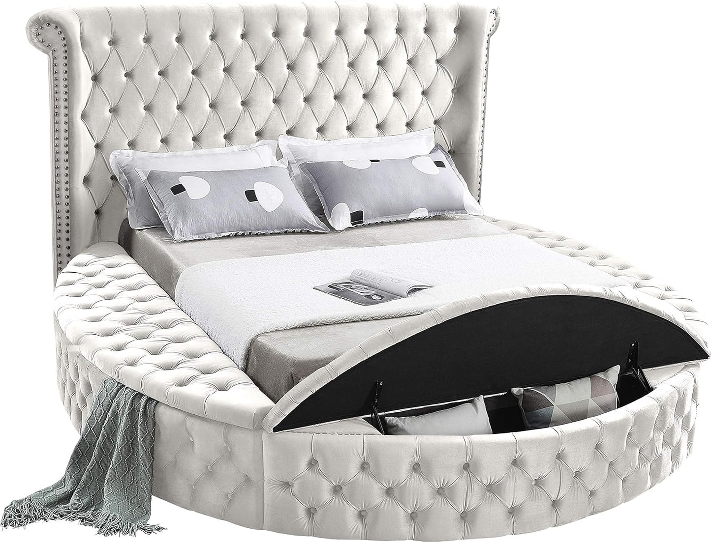 Meridian Furniture Luxus Collection Modern | Contemporary Round Shaped Velvet Upholstered Bed with Deep Button Tufting and Footboard Storage, King, Cream