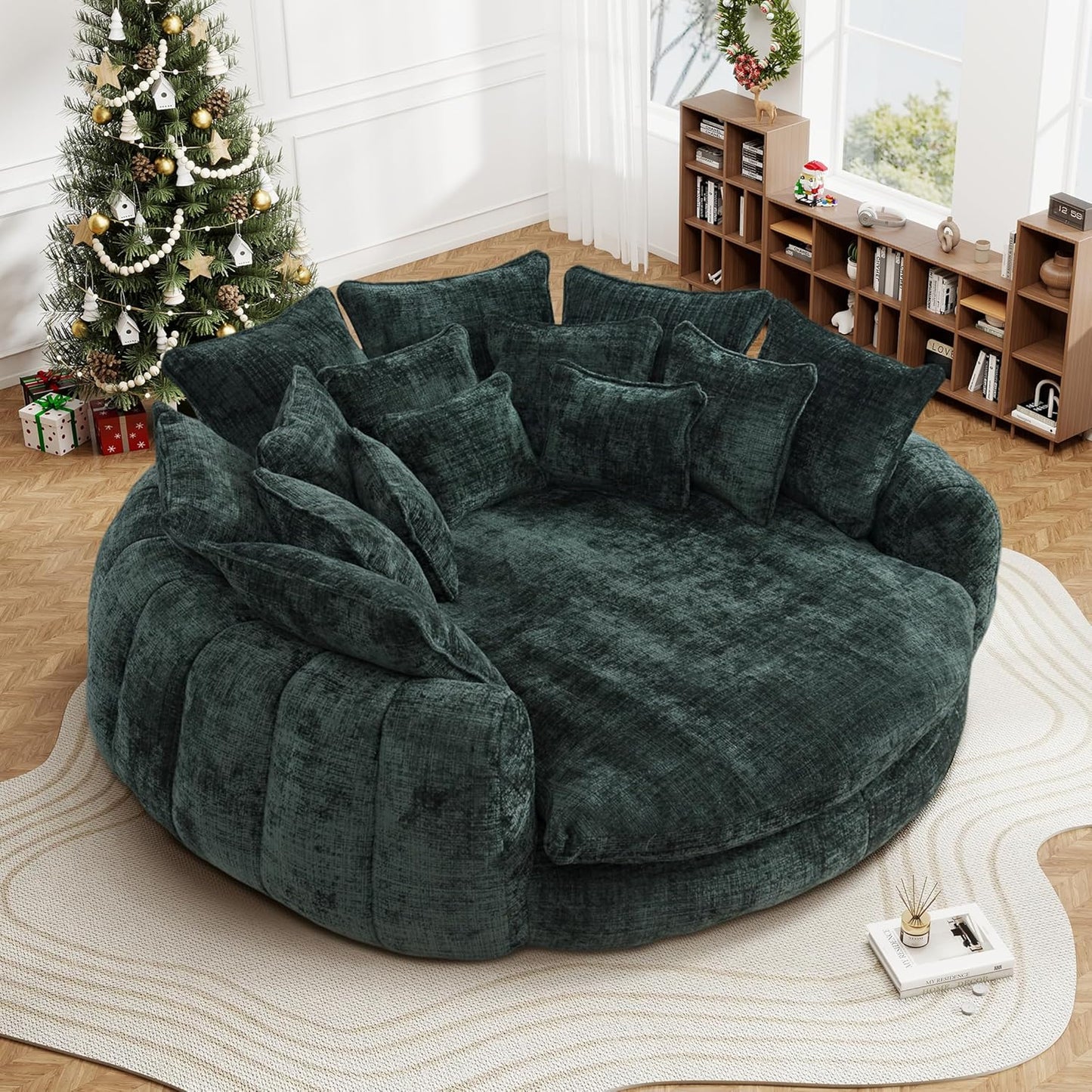 82'' Oversized Upholstered Sofa Bed, Round Chaise Lounge Chair Indoor, Modern Chenille Boneless Couch, No Assembly Required, Plush Sleeper Chair with 14 Pillows for Living Room, Pink