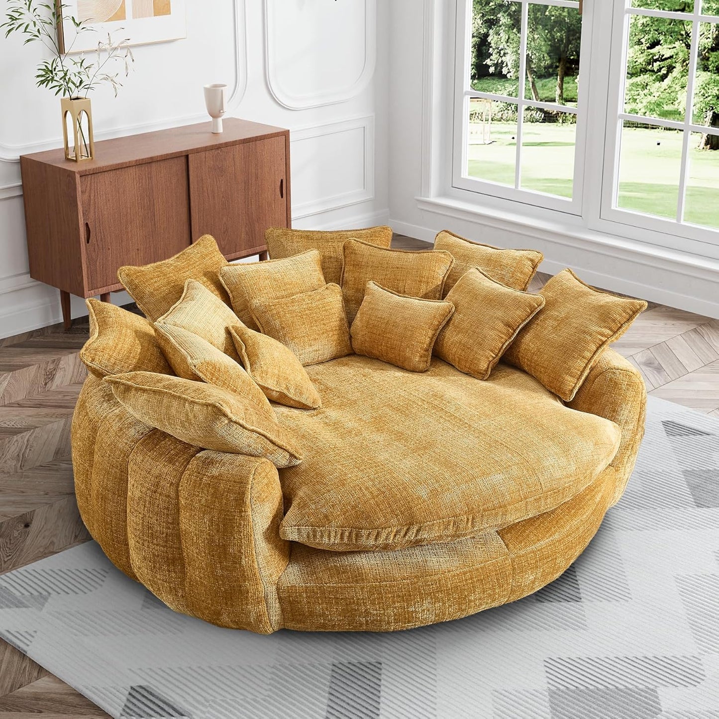 81.1" W Oversized Round Chaise Lounge, Fluffy Lazy Bean Bag Sofa with 14 Pillows, Comfy Chenille Upholstered Barrel Sleeper Bed, Modern Deep Seat Cloud Couch for Living Room, Orange