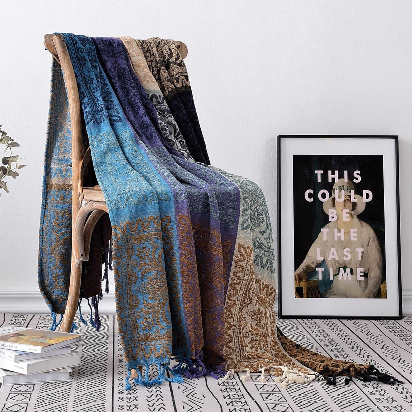 Boho Throw Blanket, Chenille Jacquard Tassels Throw Blankets for Bed Couch Soft Chair, Bohemian Fringe Tassels (Red, S:60x75