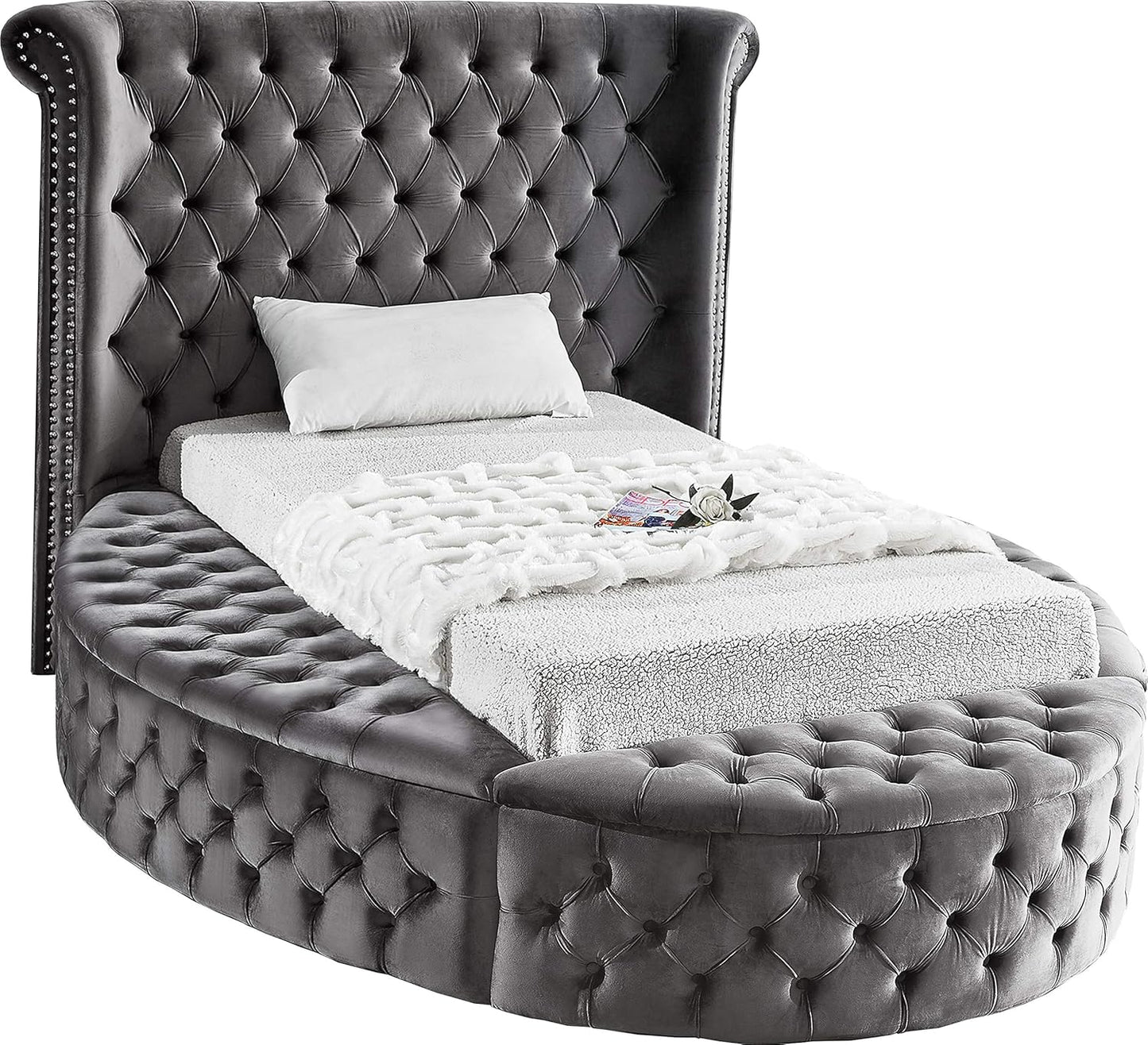Meridian Furniture Luxus Collection Modern | Contemporary Round Shaped Velvet Upholstered Bed with Deep Button Tufting and Footboard Storage, King, Cream