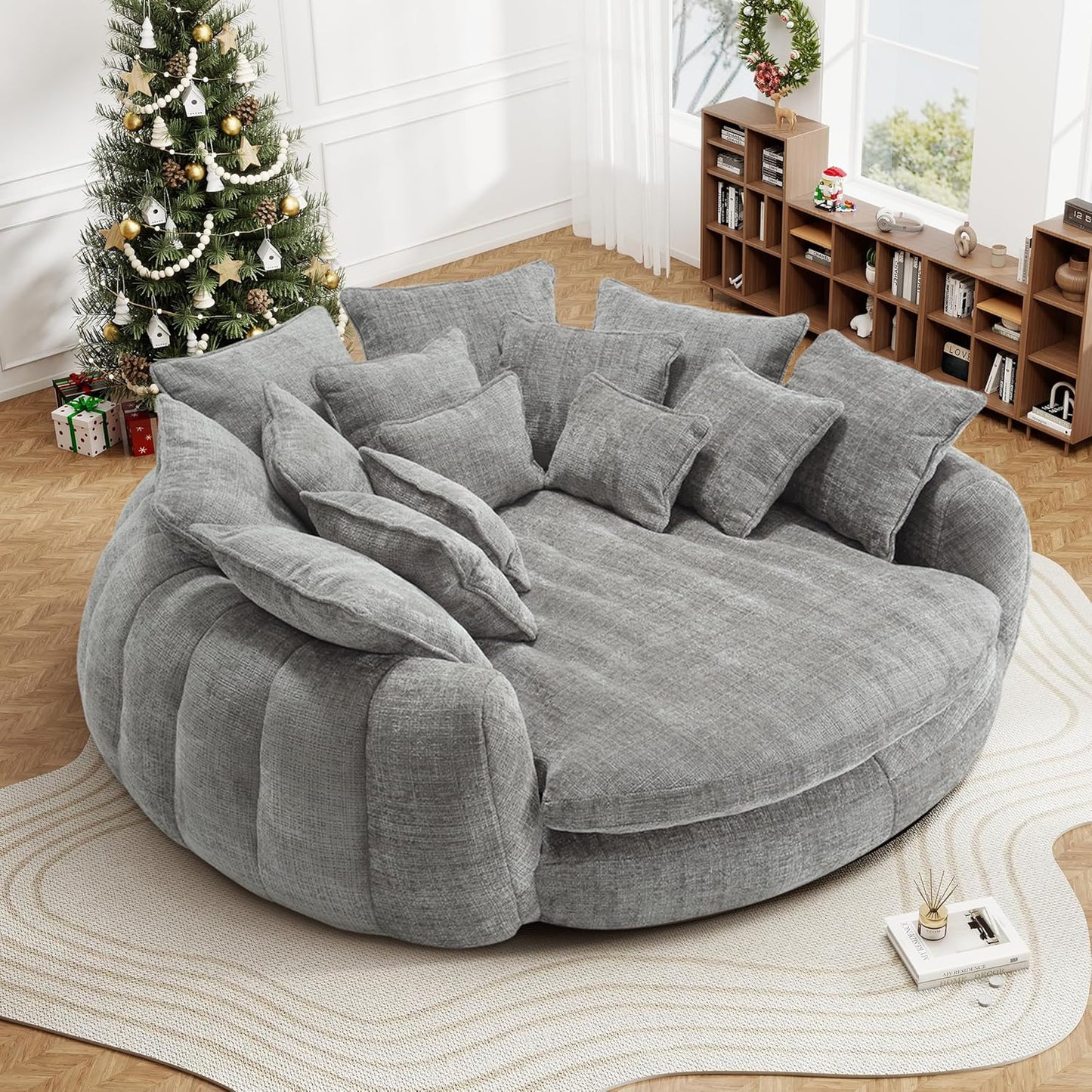 82'' Oversized Upholstered Sofa Bed, Round Chaise Lounge Chair Indoor, Modern Chenille Boneless Couch, No Assembly Required, Plush Sleeper Chair with 14 Pillows for Living Room, Pink