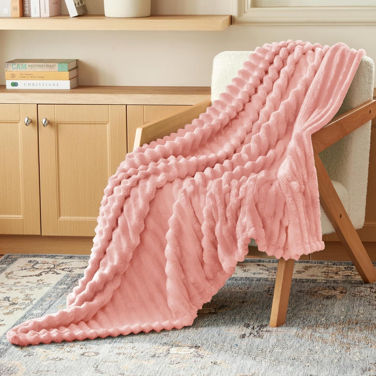 Joiedomi White Throw Blanket for Couch, Soft Fleece Blankets Birthday Gifts for Women Mom Girls, 3D Ribbed Jacquard Cozy Cute Soft Throw Aesthetic Gifts 50x60 Inches