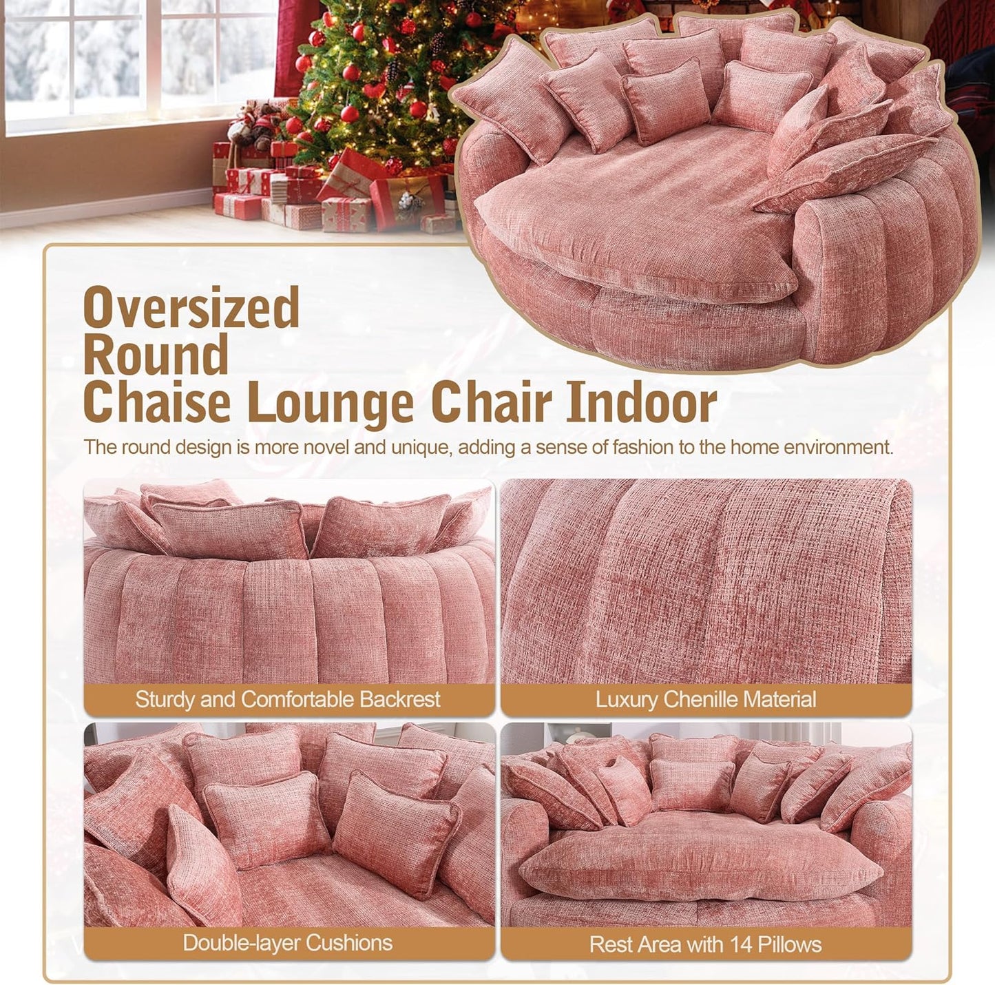 82'' Oversized Upholstered Sofa Bed, Round Chaise Lounge Chair Indoor, Modern Chenille Boneless Couch, No Assembly Required, Plush Sleeper Chair with 14 Pillows for Living Room, Pink