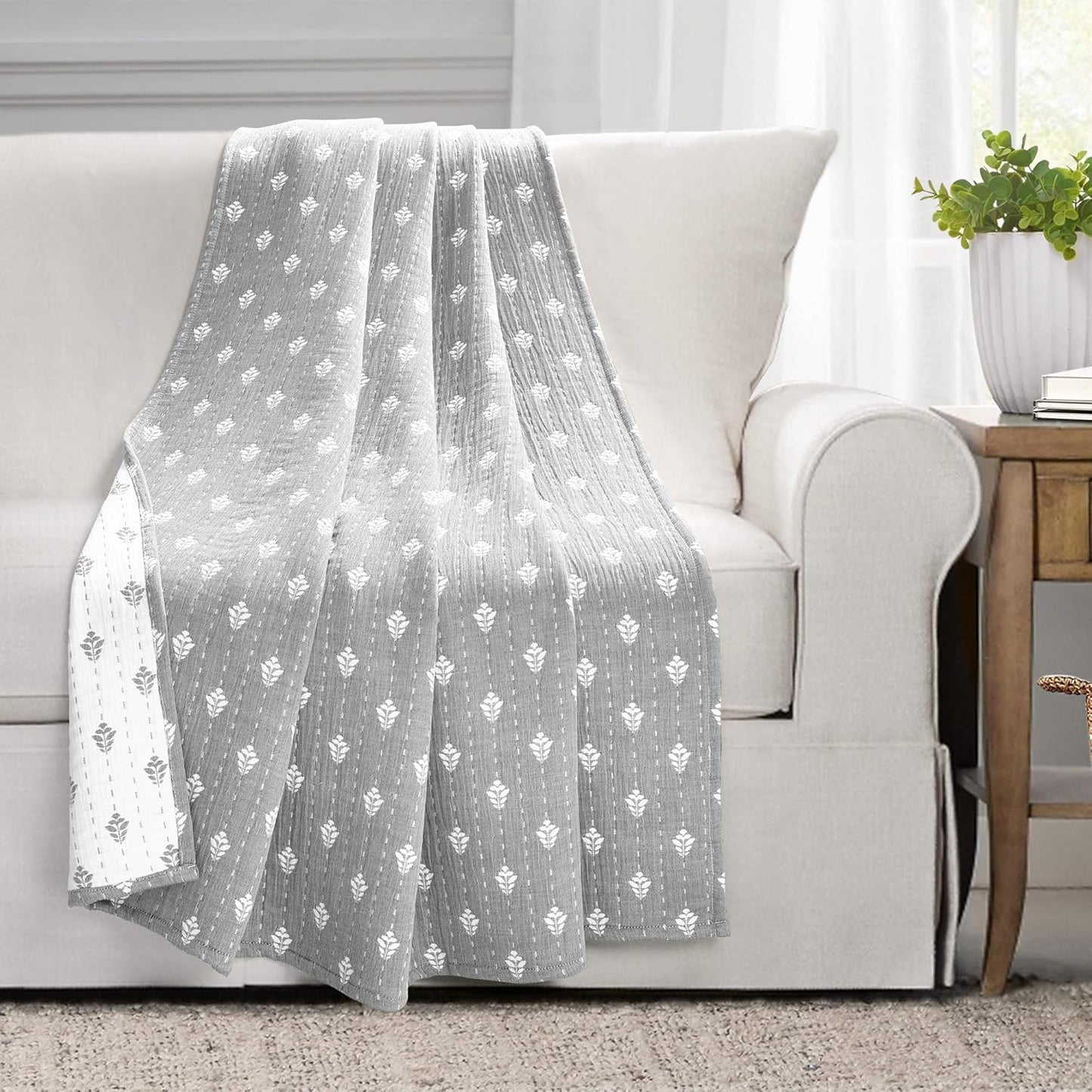 Lush Decor, Neutral Hygge Kantha Pick Stitch Yarn Dyed Cotton Jacquard Throw Blanket 60" x 50"