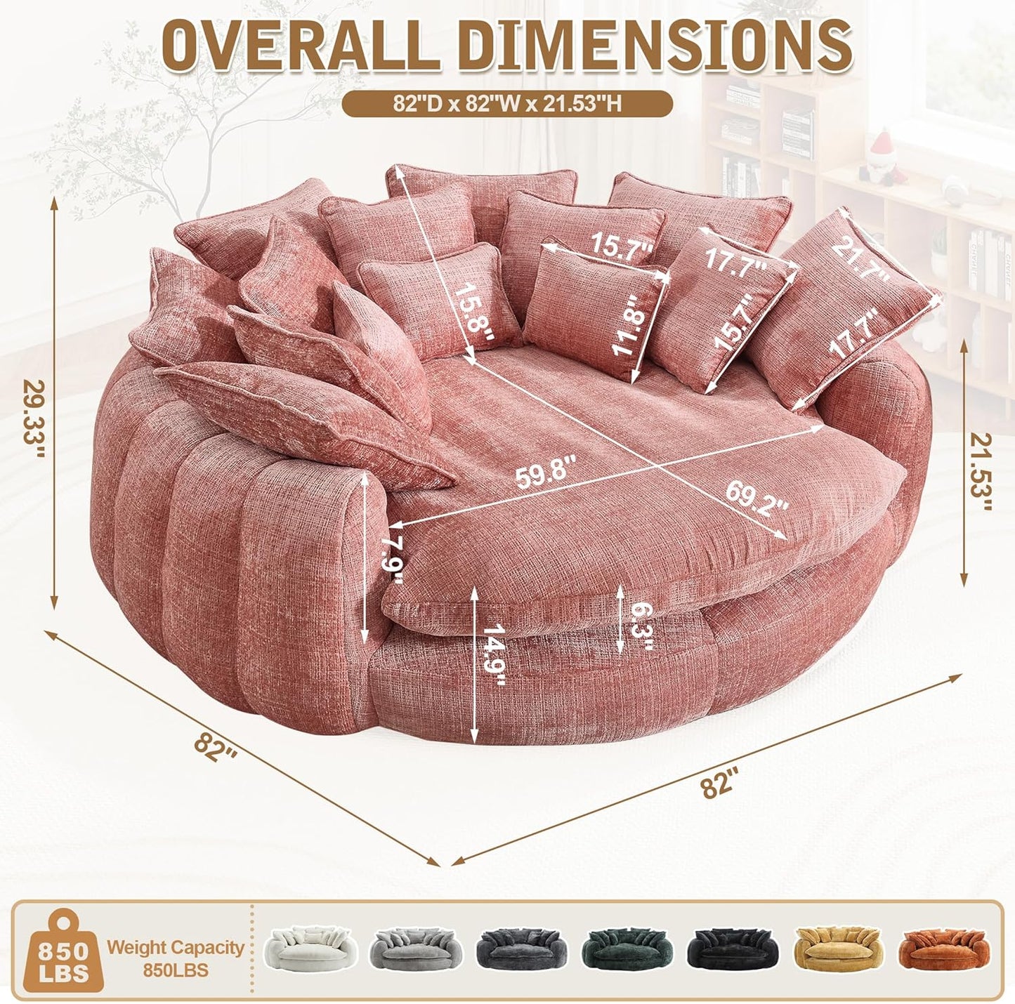 82'' Oversized Upholstered Sofa Bed, Round Chaise Lounge Chair Indoor, Modern Chenille Boneless Couch, No Assembly Required, Plush Sleeper Chair with 14 Pillows for Living Room, Pink