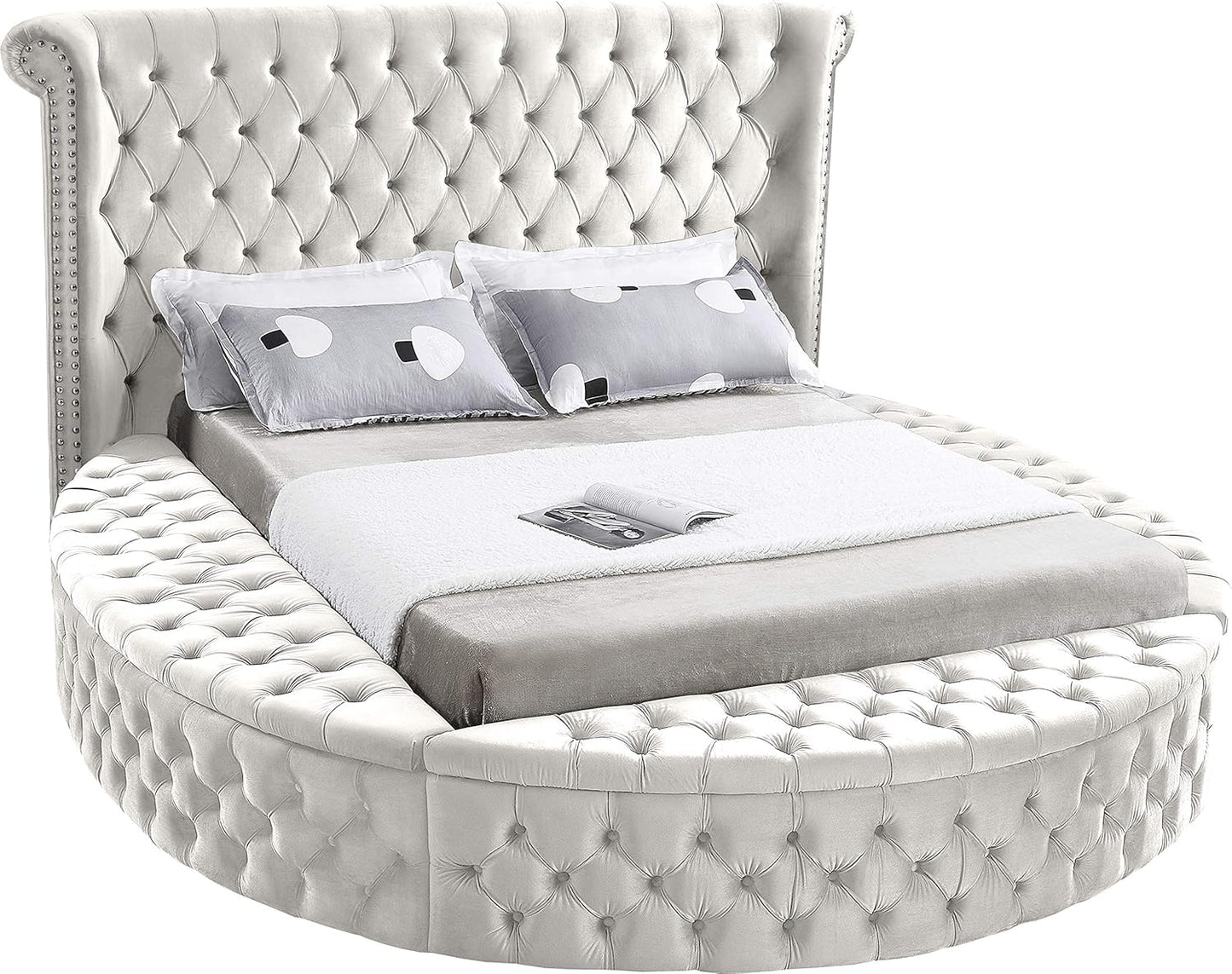 Meridian Furniture Luxus Collection Modern | Contemporary Round Shaped Velvet Upholstered Bed with Deep Button Tufting and Footboard Storage, King, Cream