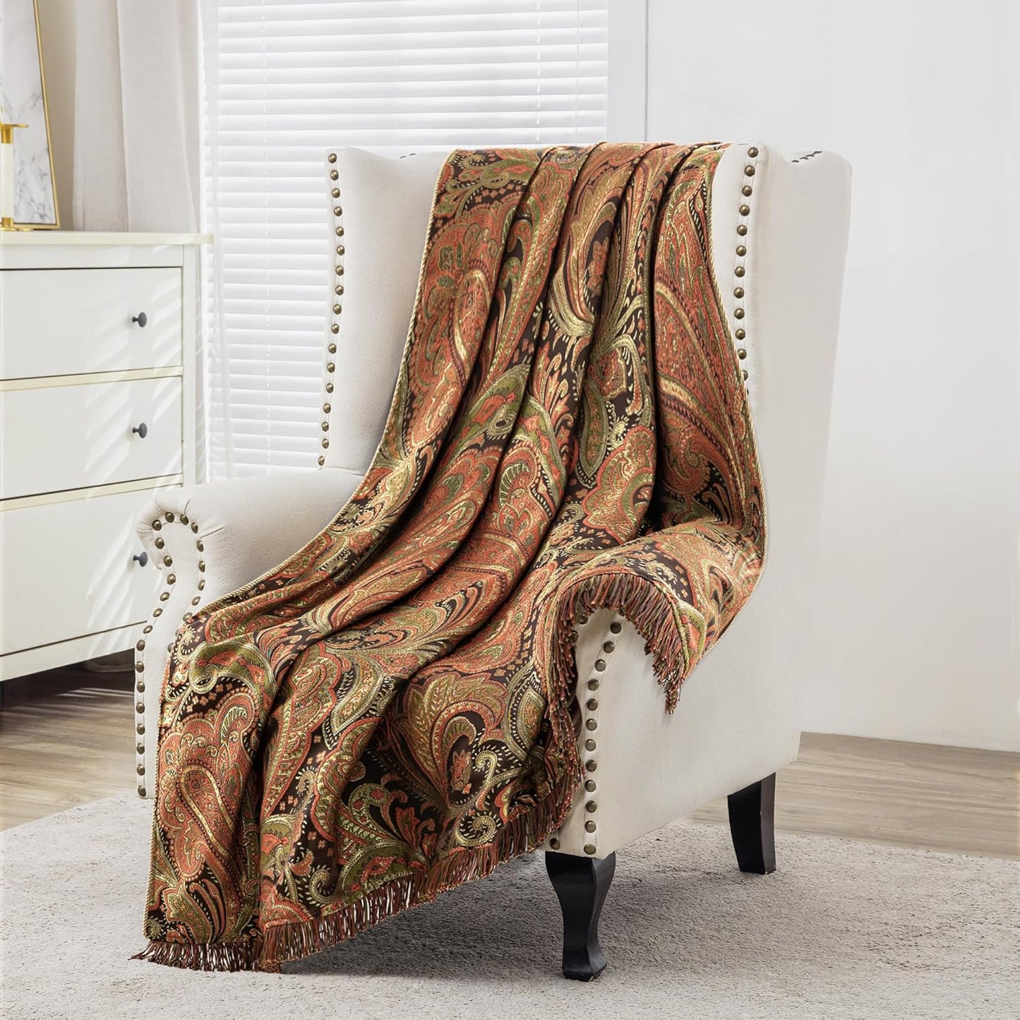Loom and Mill Luxury Throw Blankets for Bed, Classic Damask Jacquard Bed Throws with Fringes Trim, Soft Lightweight Velvet Lined Fall Throw Blanket for Couch Sofa Chair (Red, 52”x72”)