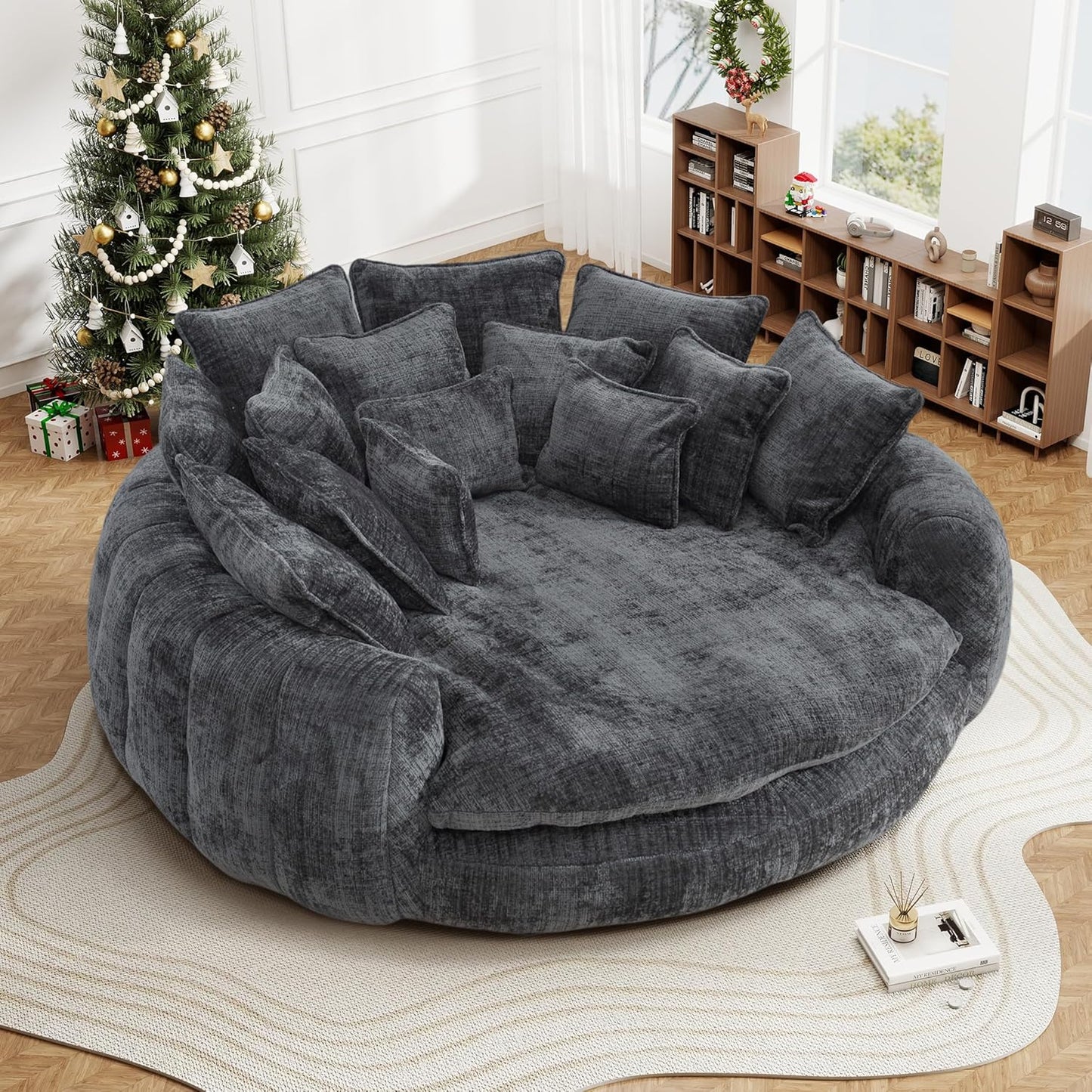 82'' Oversized Upholstered Sofa Bed, Round Chaise Lounge Chair Indoor, Modern Chenille Boneless Couch, No Assembly Required, Plush Sleeper Chair with 14 Pillows for Living Room, Pink