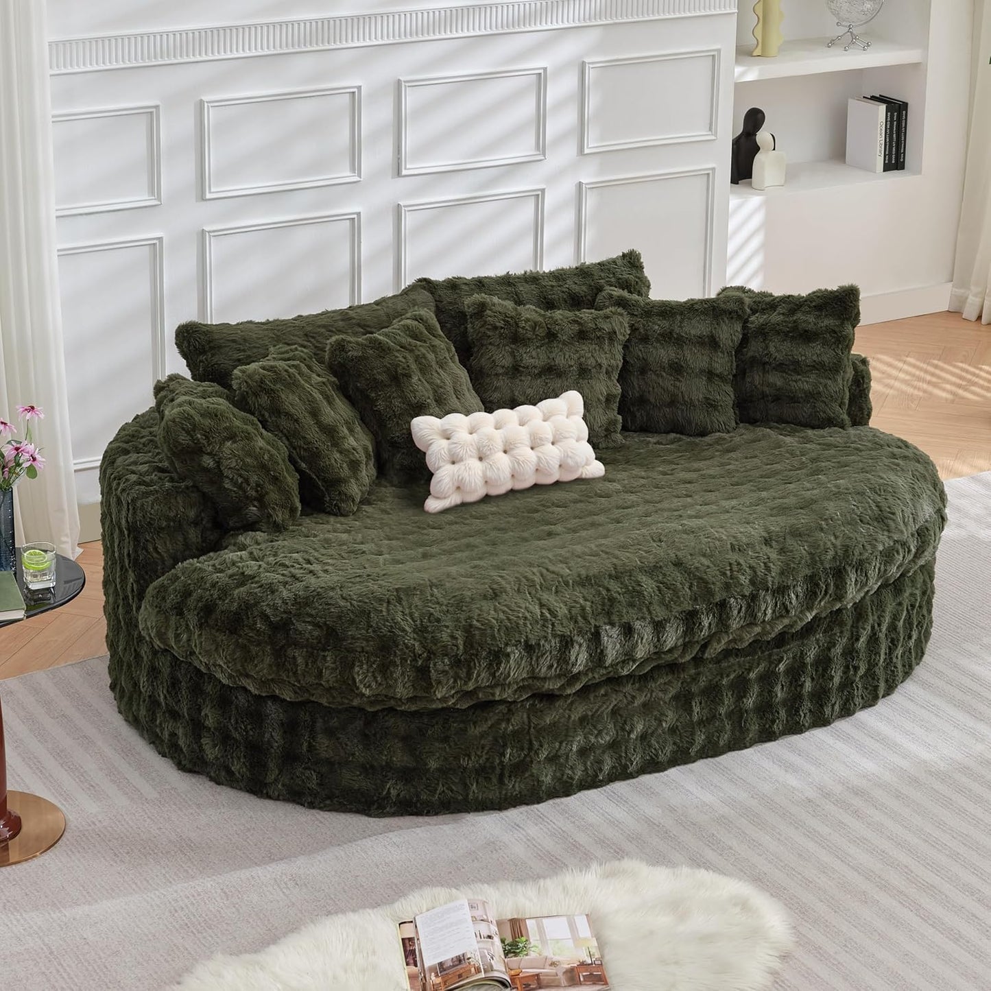 TYBOATLE 83’’ Oversized Round Chaise Lounge Chair Indoor w/Deep Seat, Round Memory Foam Couch, Comfy Fluffy Plush Chaise Lounge Indoor w/Double Cushion, Circle Bed for Livingroom, Bedroom (Black)