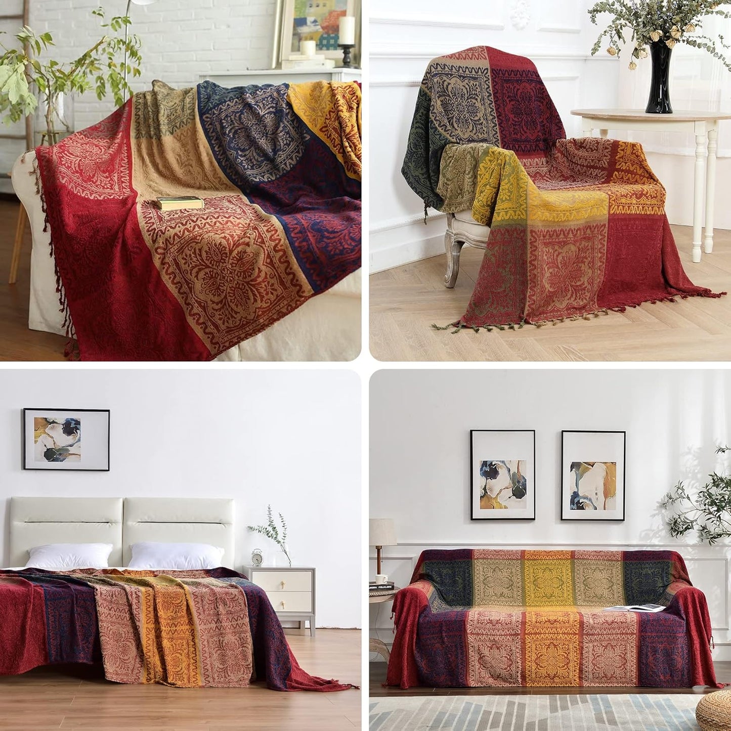 Boho Throw Blanket, Chenille Jacquard Tassels Throw Blankets for Bed Couch Soft Chair, Bohemian Fringe Tassels (Red, S:60x75